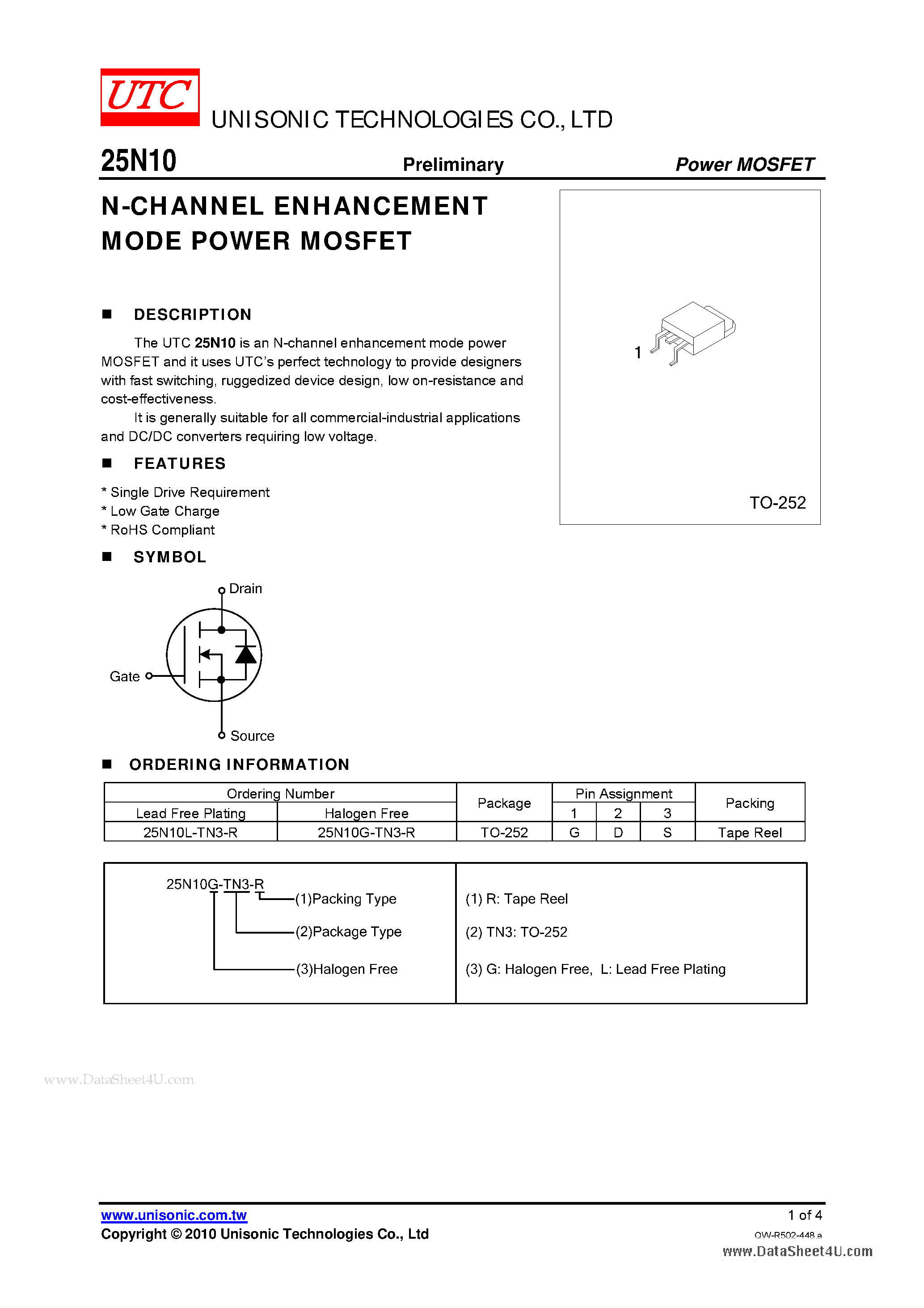 Даташит 25N10 - N-CHANNEL POWER MOSFET страница 1