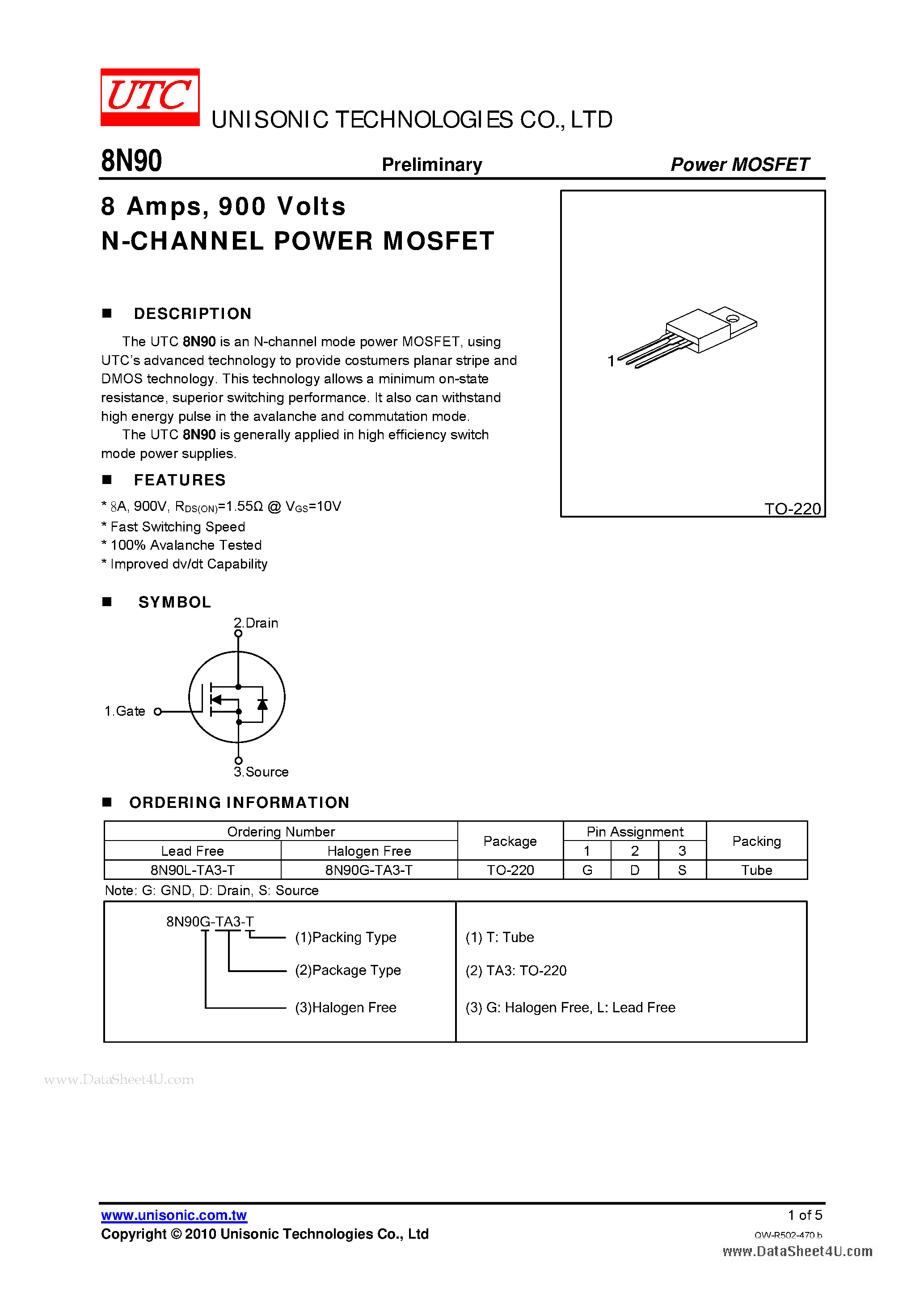 Даташит 8N90 - 900V N-CHANNEL MOSFET страница 1