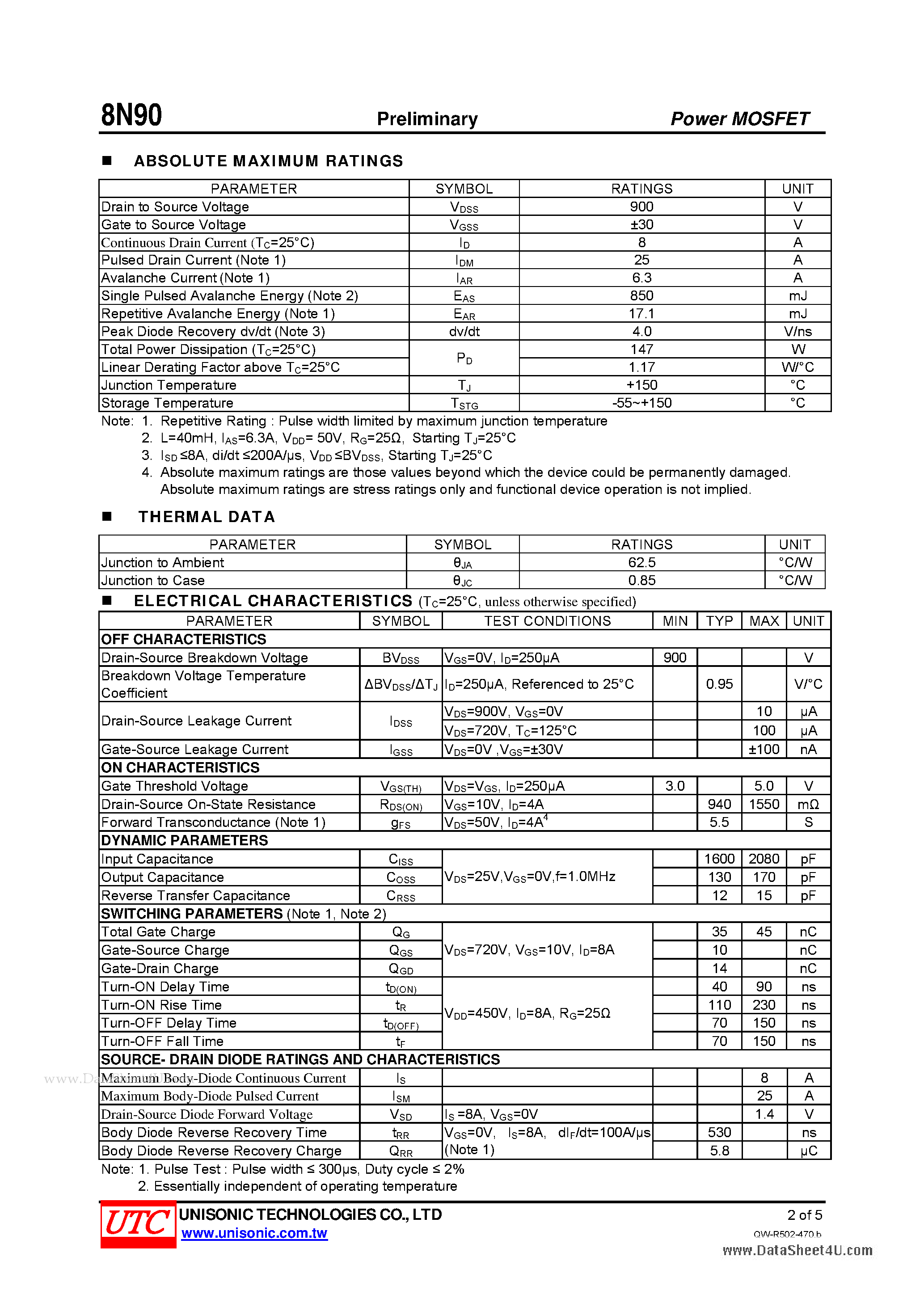 Даташит 8N90 - 900V N-CHANNEL MOSFET страница 2