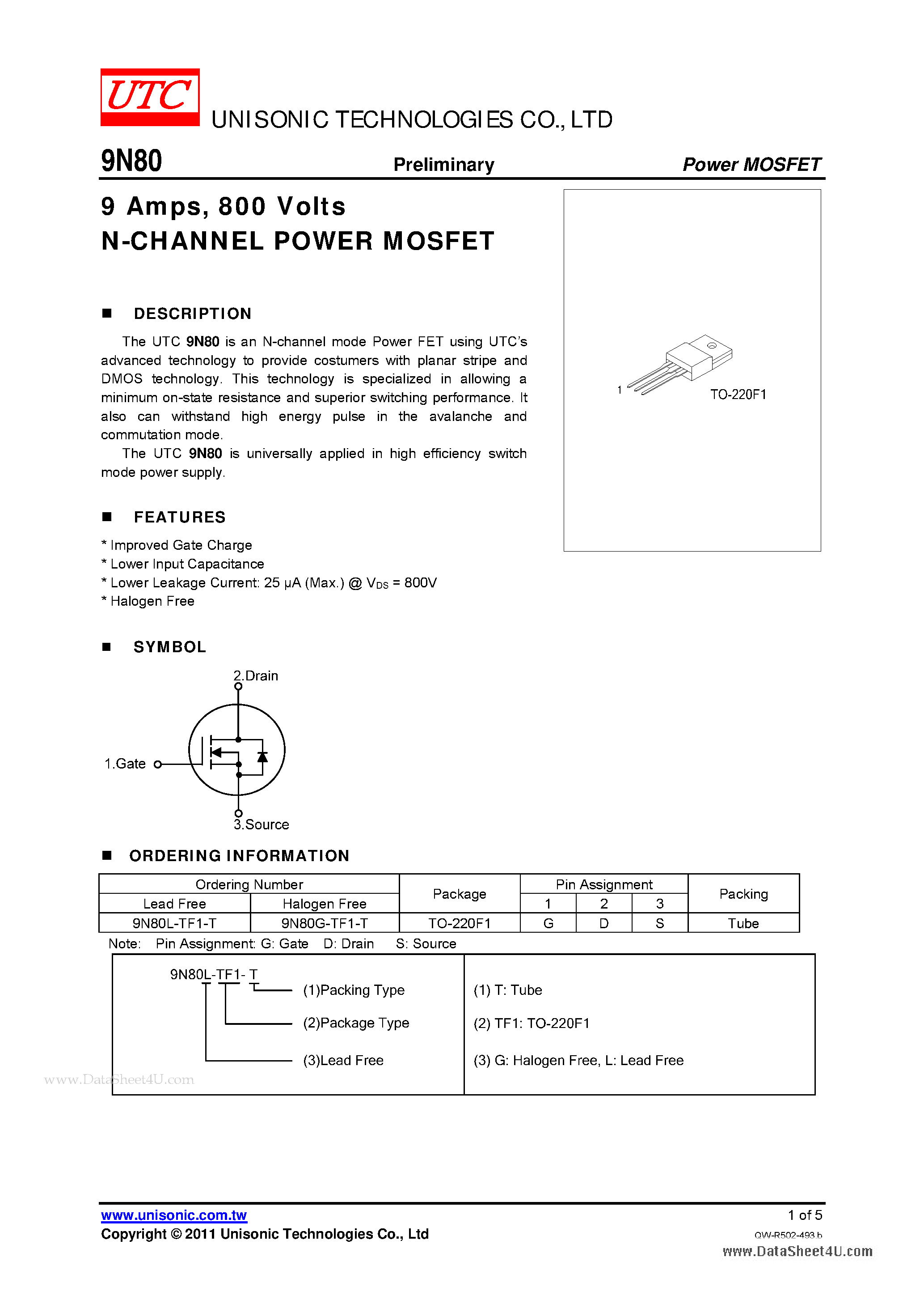 Даташит 9N80 - 800 Volts N-CHANNEL POWER MOSFET страница 1