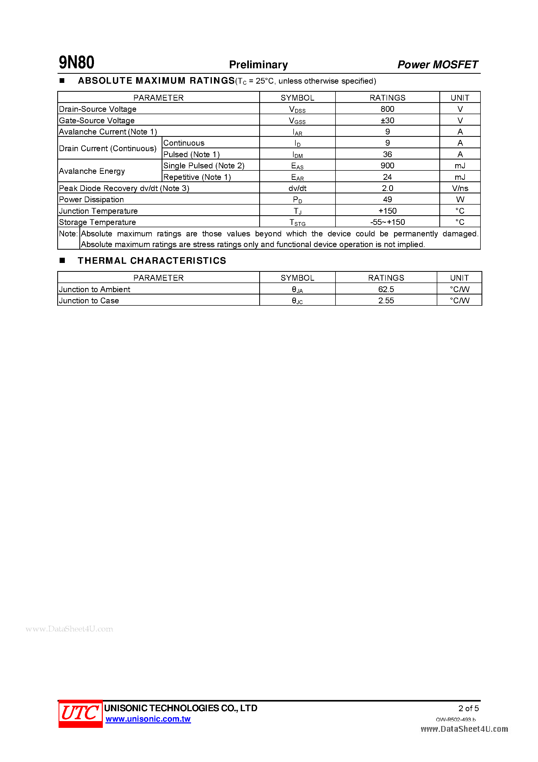 Даташит 9N80 - 800 Volts N-CHANNEL POWER MOSFET страница 2