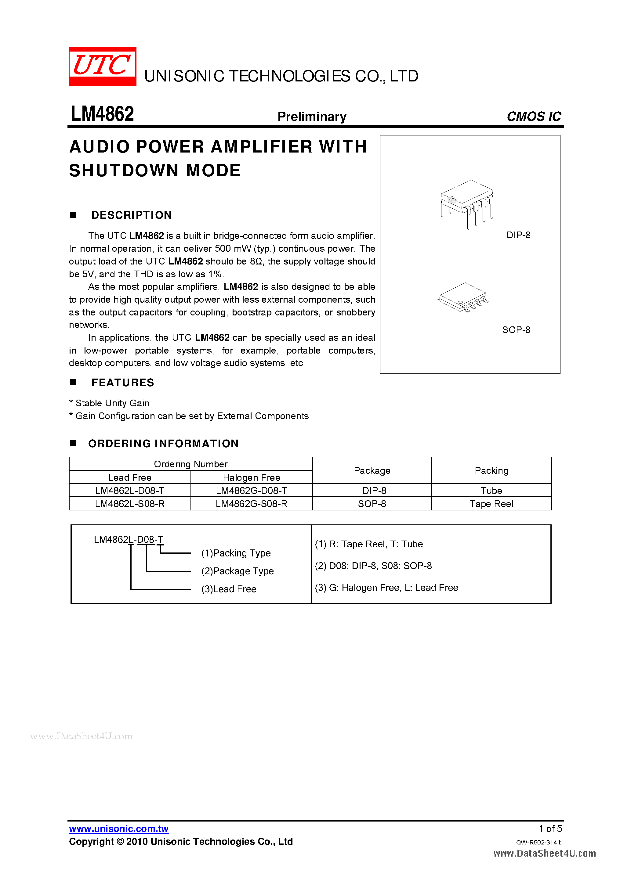 Даташит LM4862 - AUDIO POWER AMPLIFIER страница 1