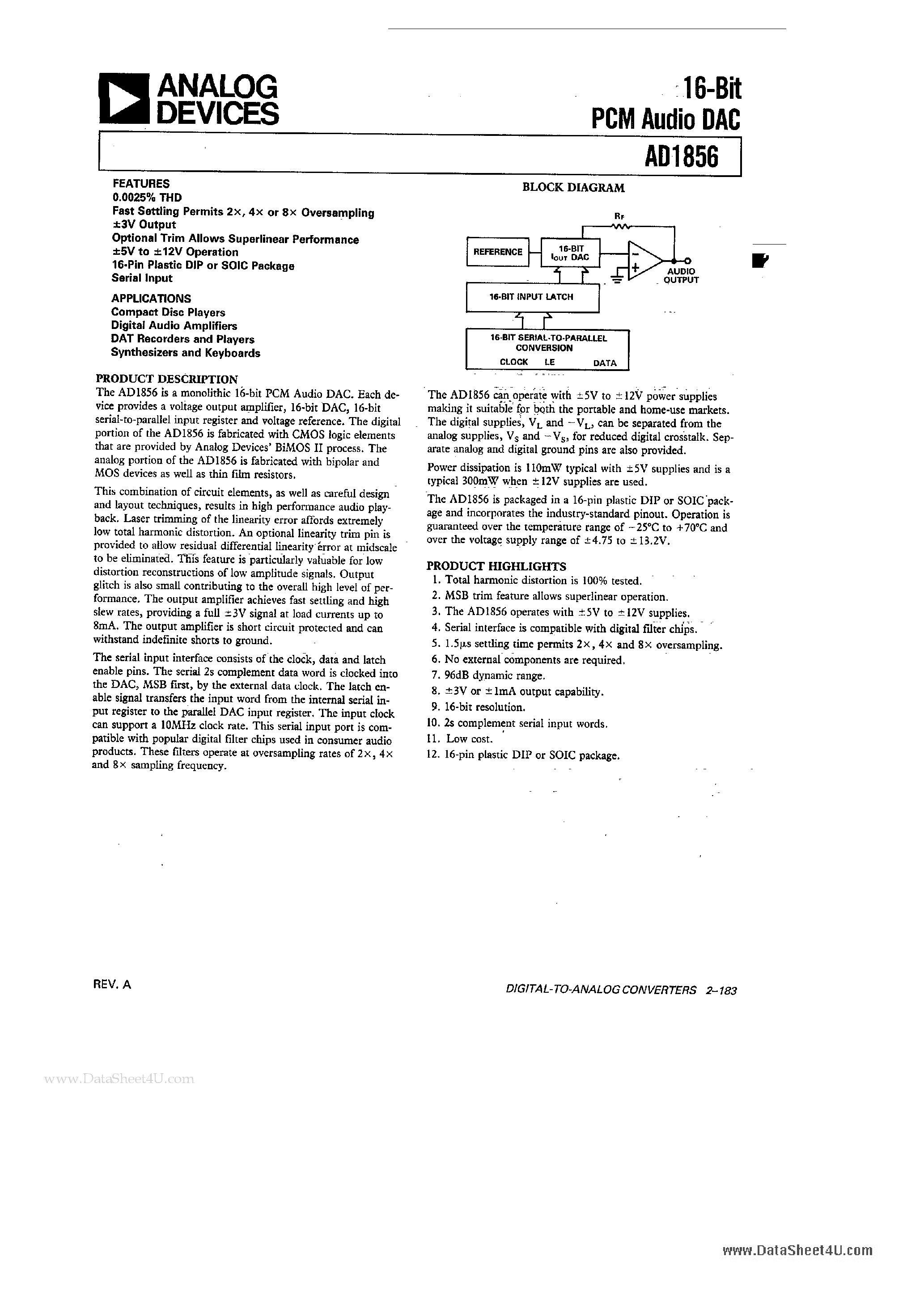 Даташит AD1856 - 16-Bit PCM Audio DAC страница 1