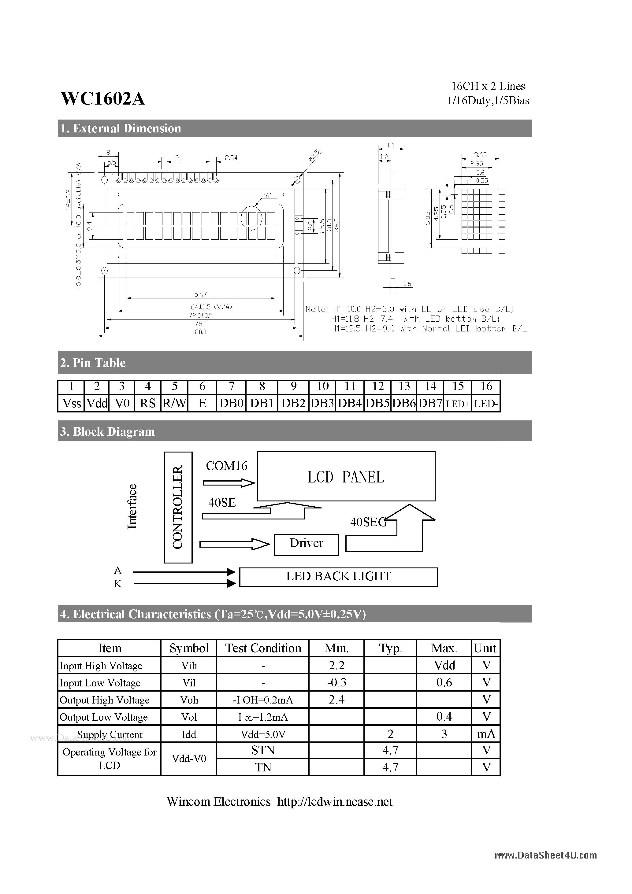 Даташит WC1602A - 16CH x 2 Lines LCD страница 1