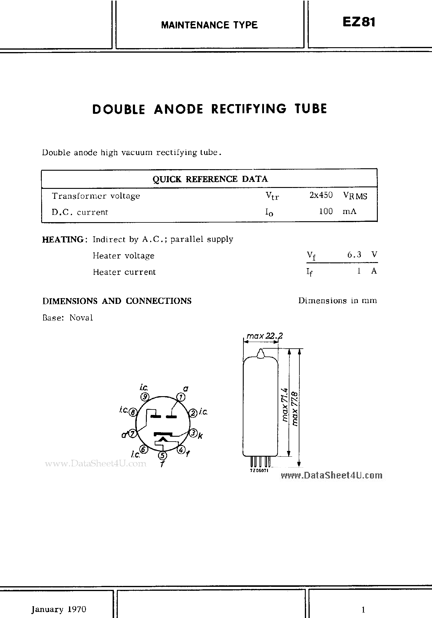 Datasheet EZ81 - DOUBLE ANODE RECTIFYING TUBE page 1