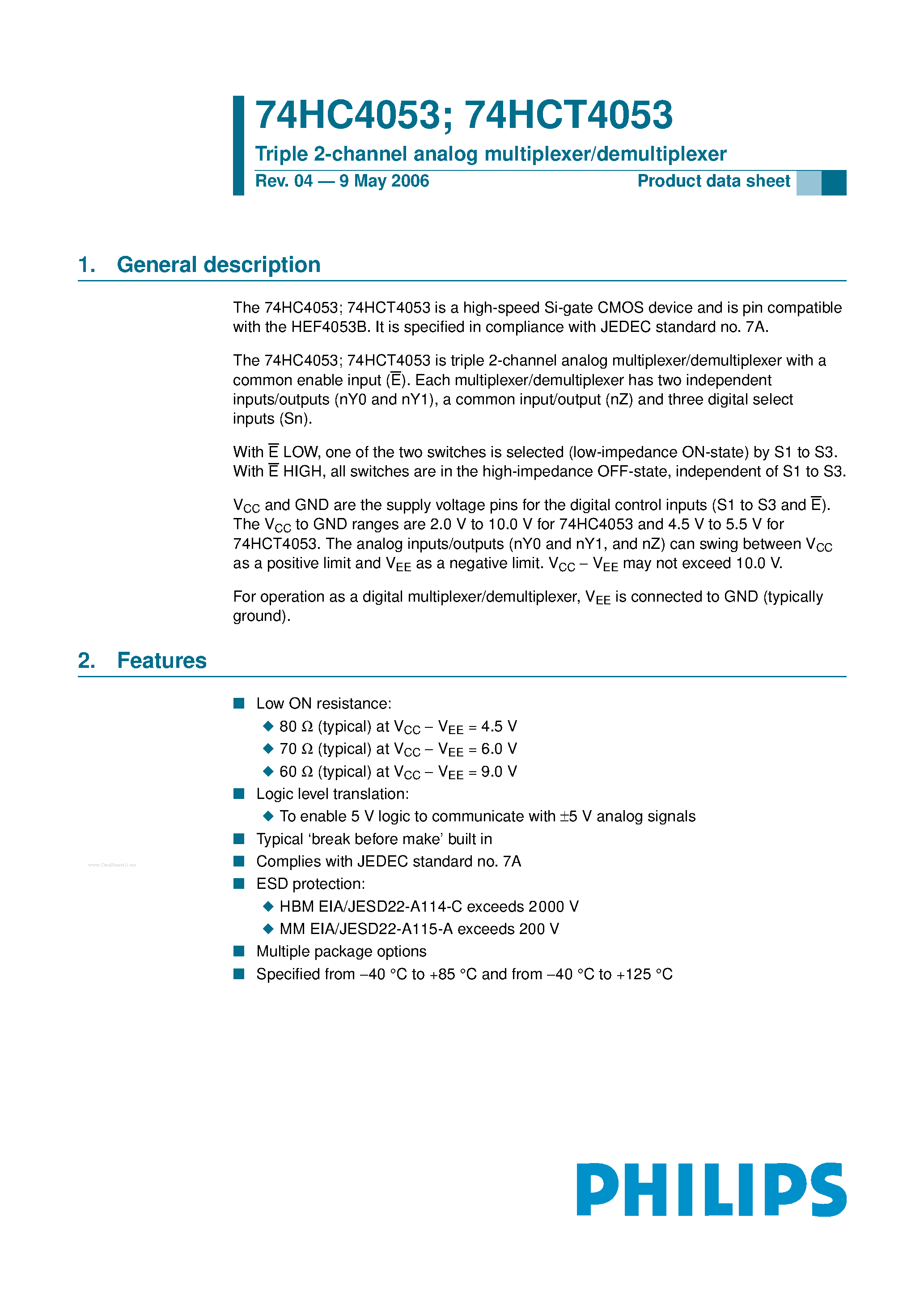 Datasheet 74HC4053 - Triple 2-Channel Analog Multiplexer / Demultiplexer page 1