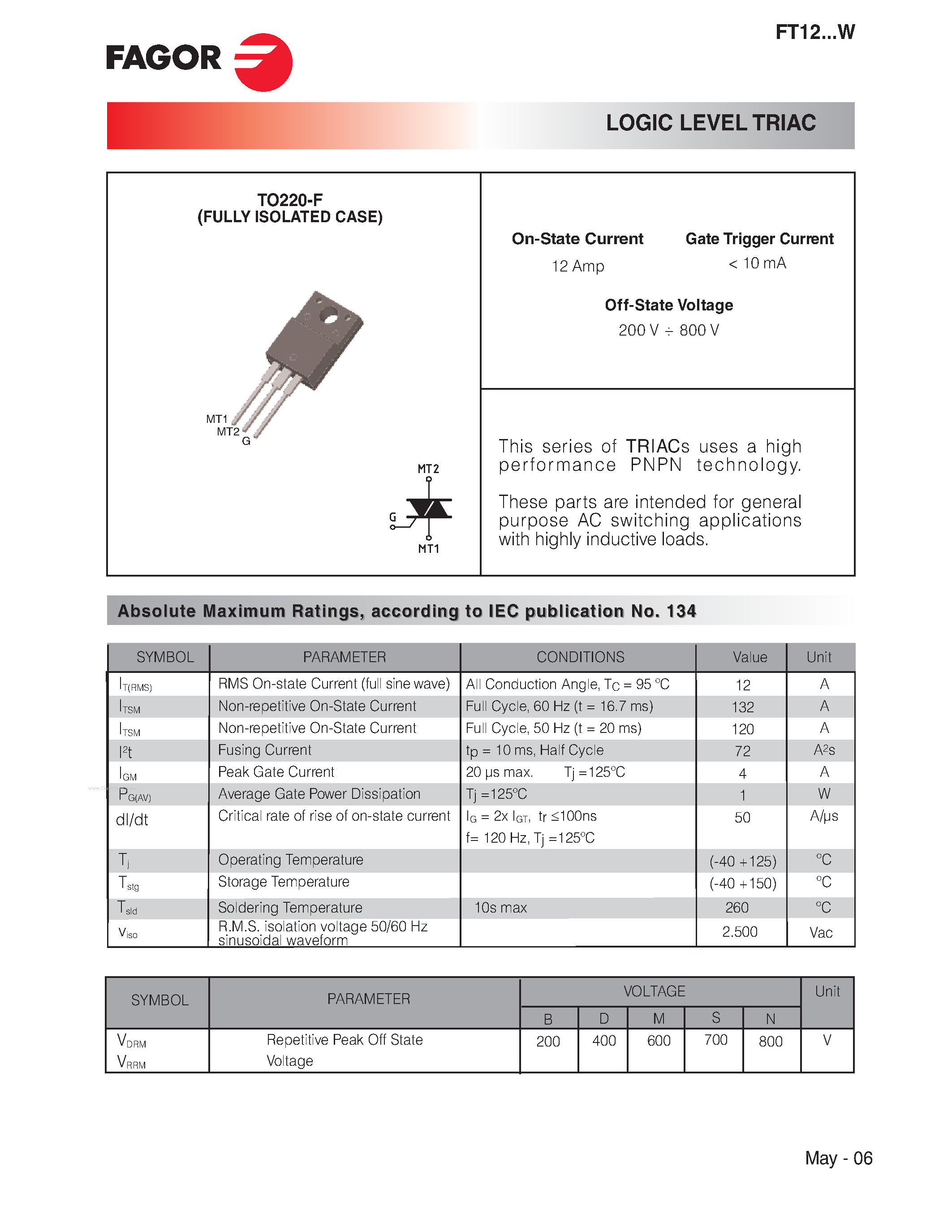 Даташит FT1208MW - LOGIC LEVEL TRIAC страница 1