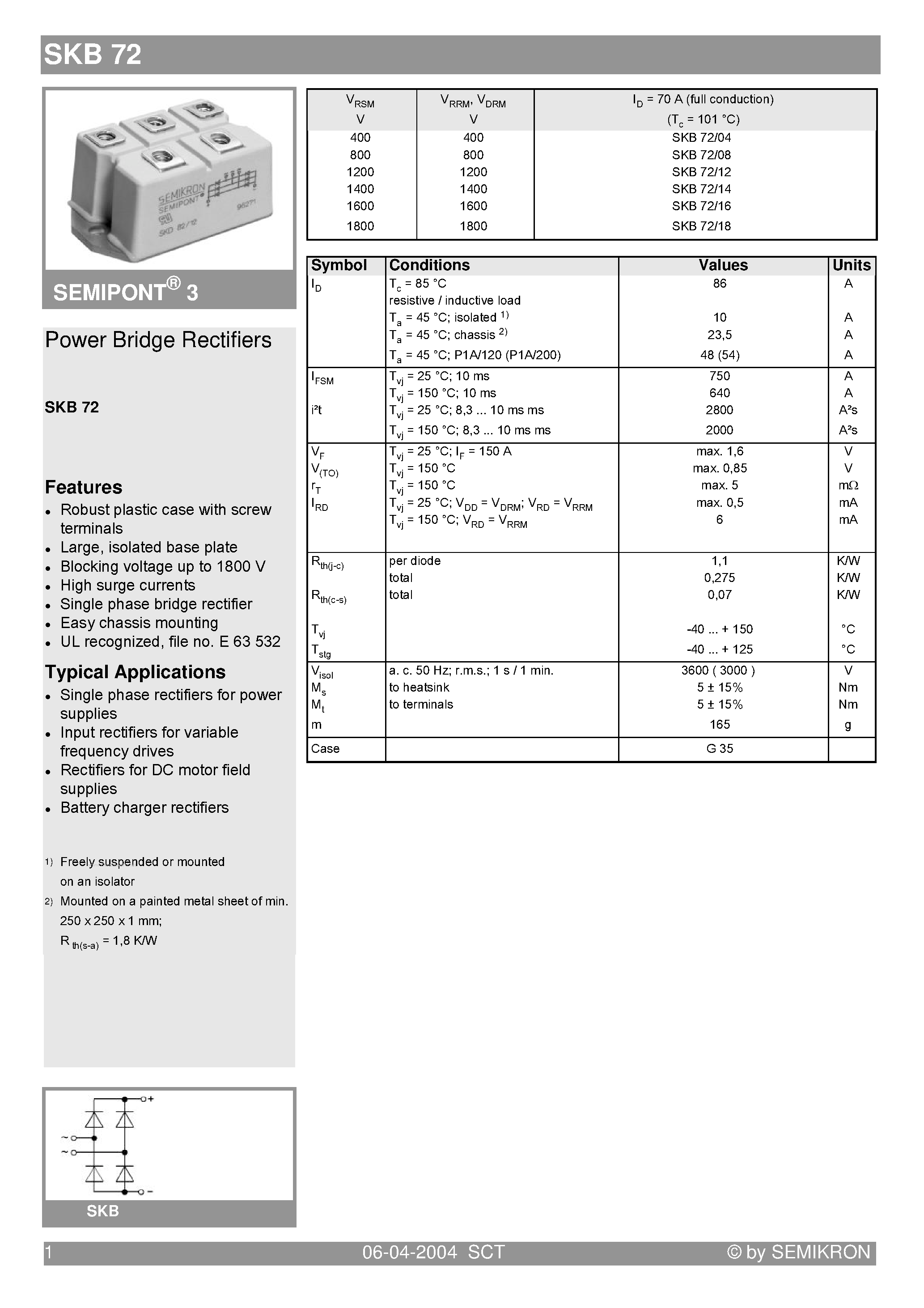 Datasheet SKB72 - Power Bridge Rectifiers page 1