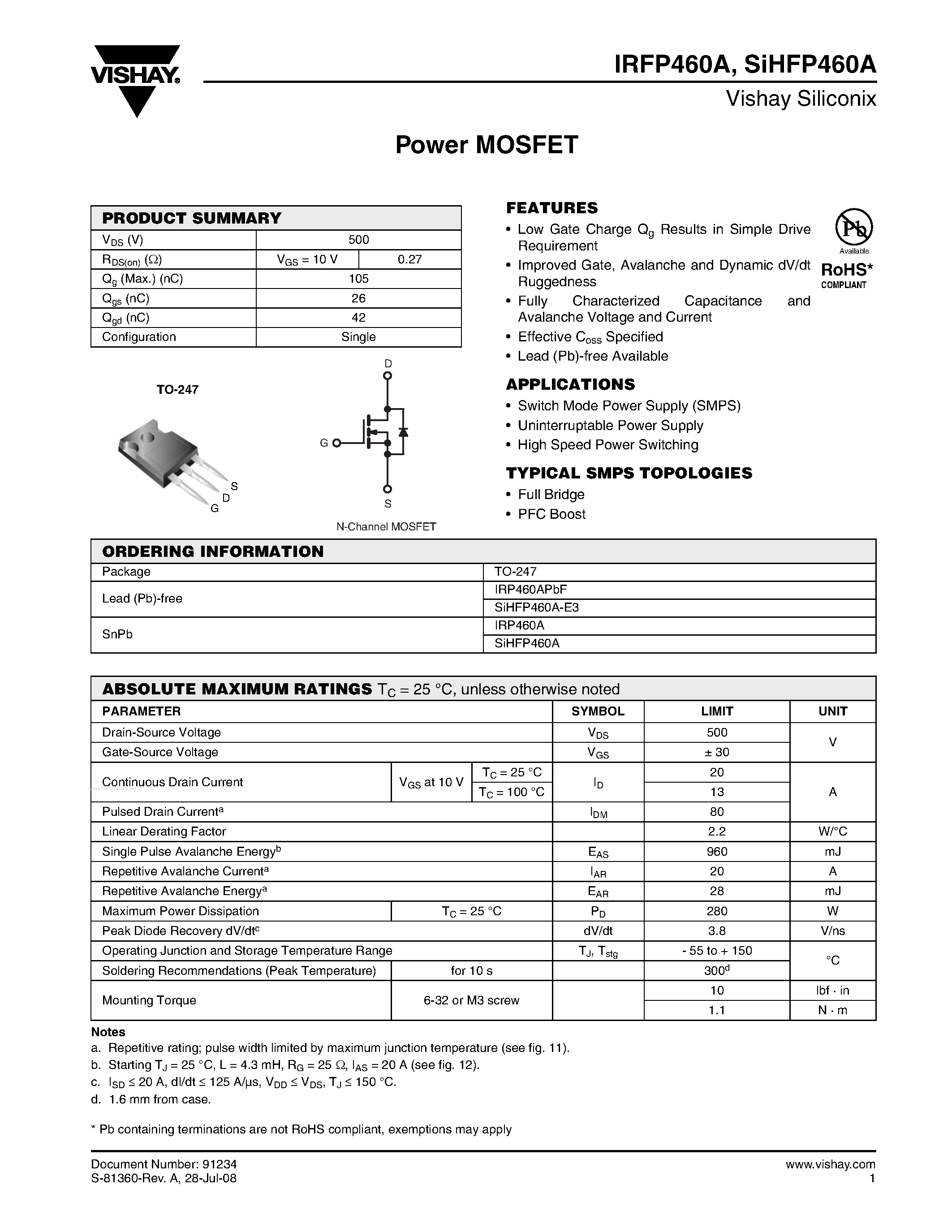 Datasheet IRFP460A - Power MOSFET page 1