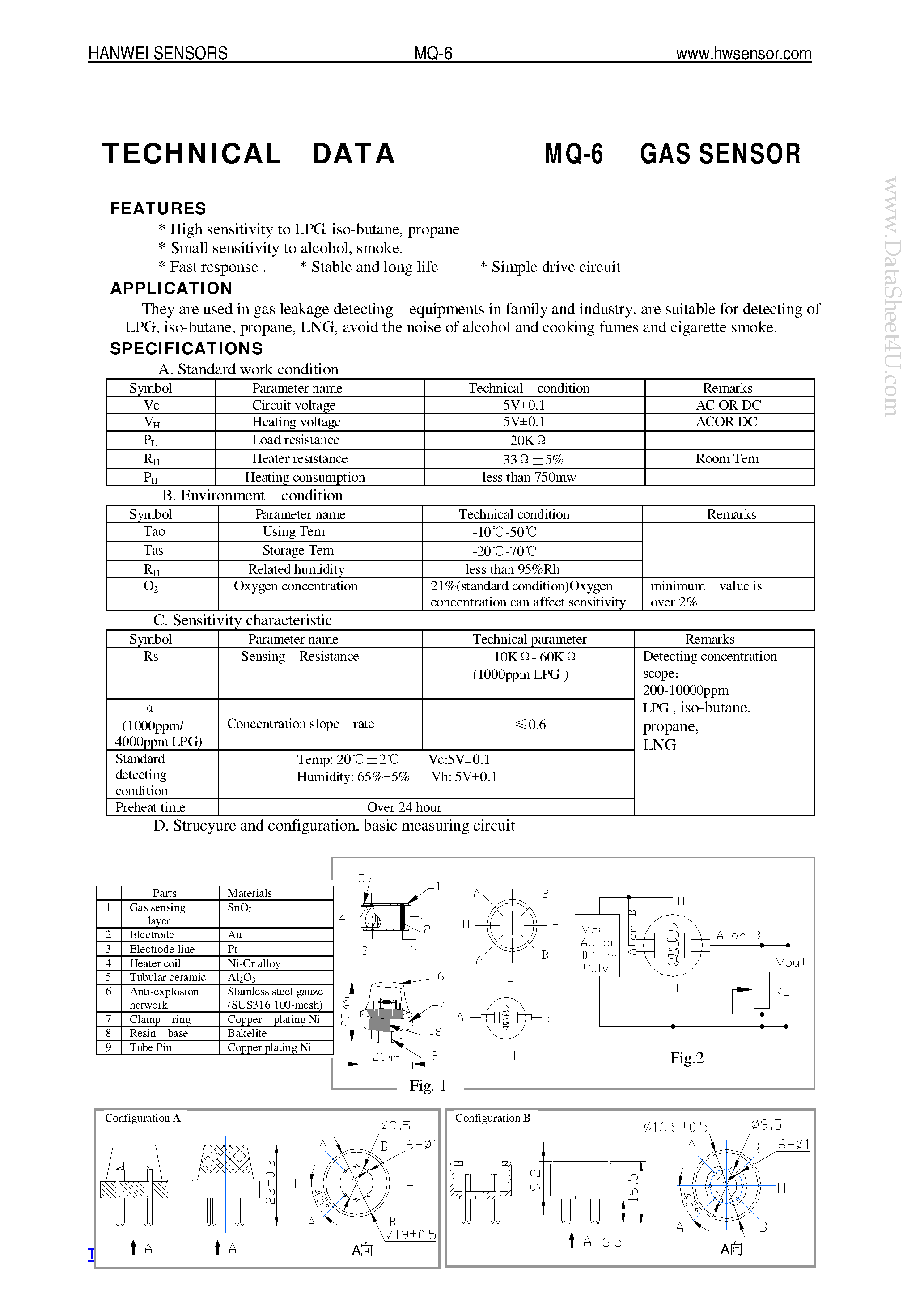 Даташит MQ-6 - GAS SENSOR страница 1