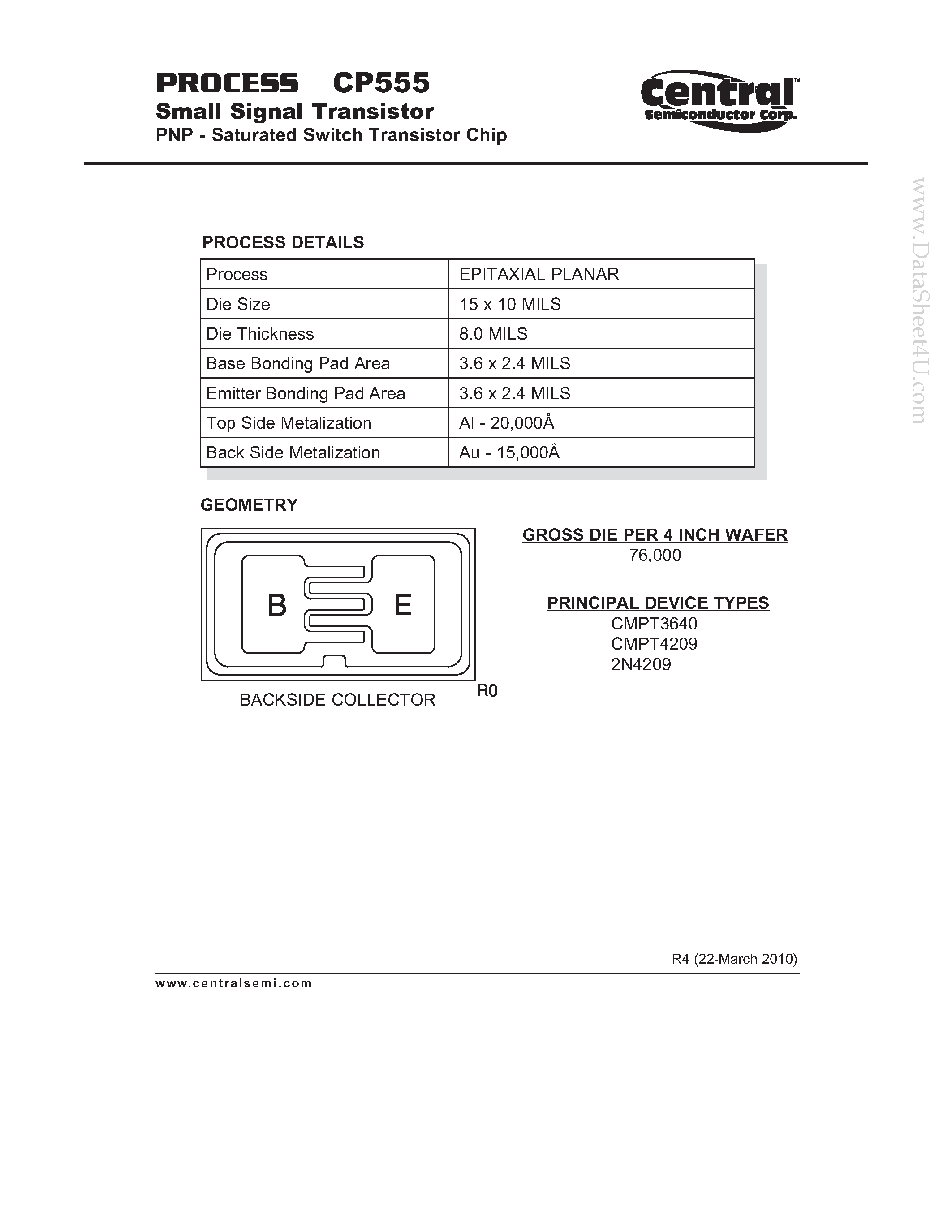 Datasheet CP555 - Small Signal Transistor PNP - Saturated Switch Transistor Chip page 1