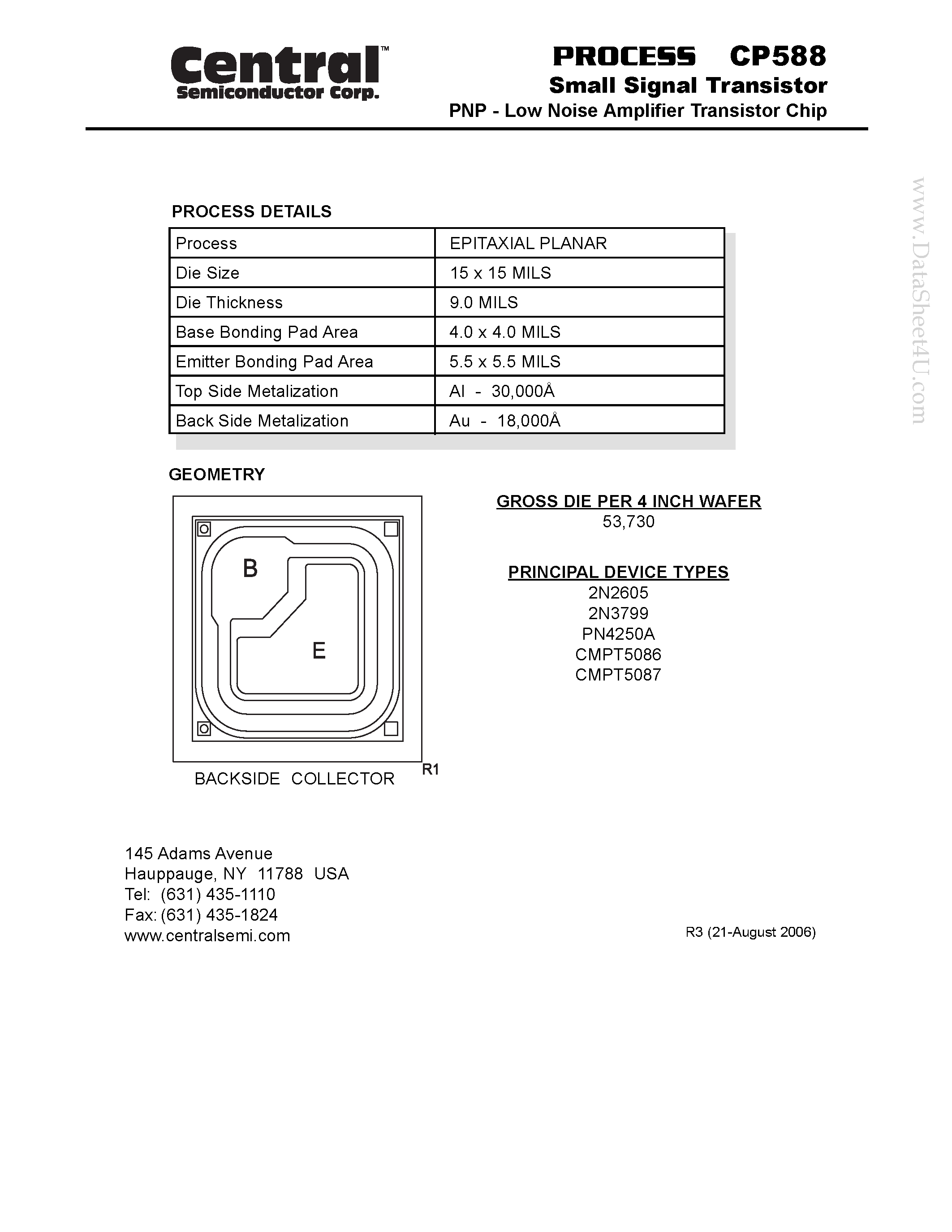 Datasheet CP588 - Small Signal Transistor PNP - Low Noise Amplifier Transistor Chip page 1