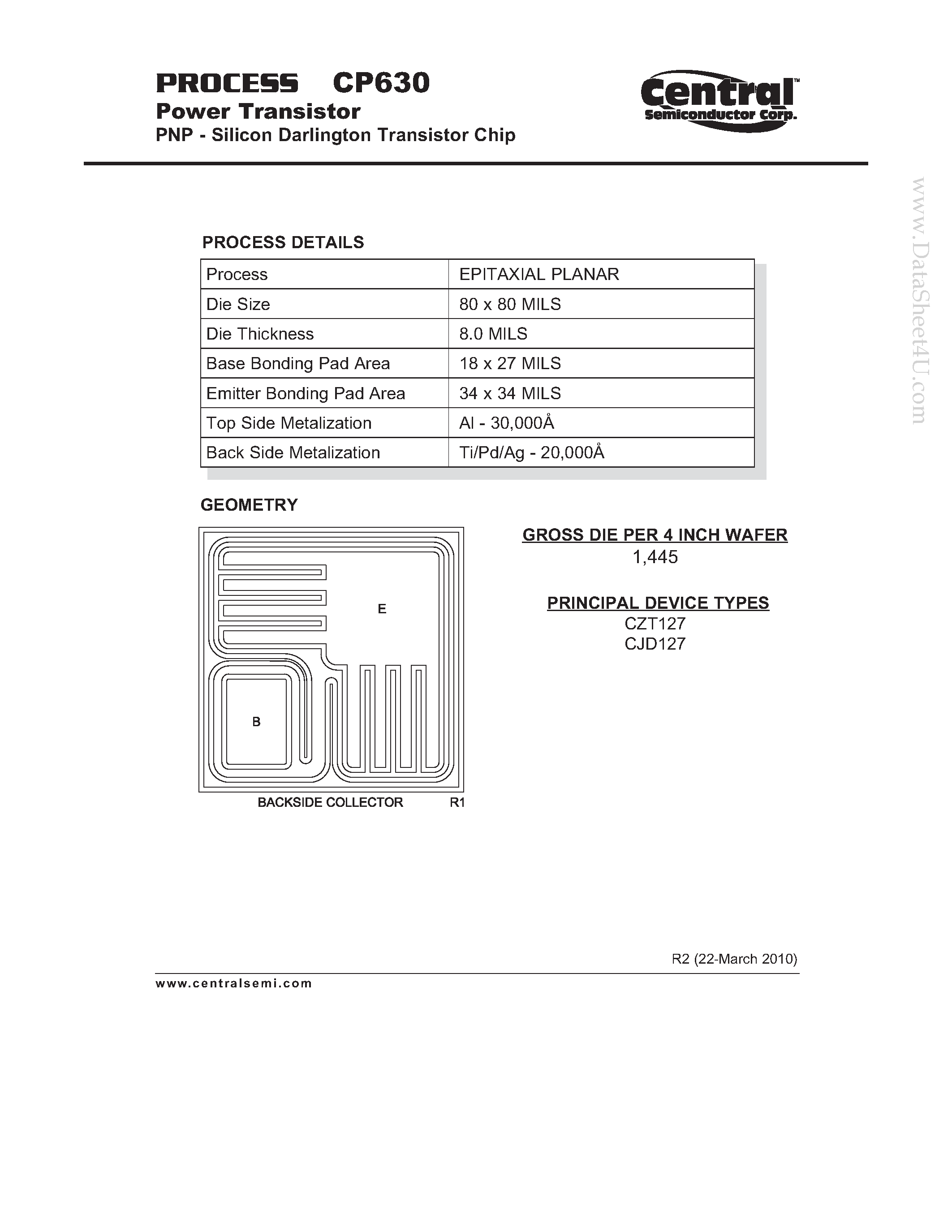 Datasheet CP630 - Power Transistor PNP - Silicon Darlington Transistor Chip page 1