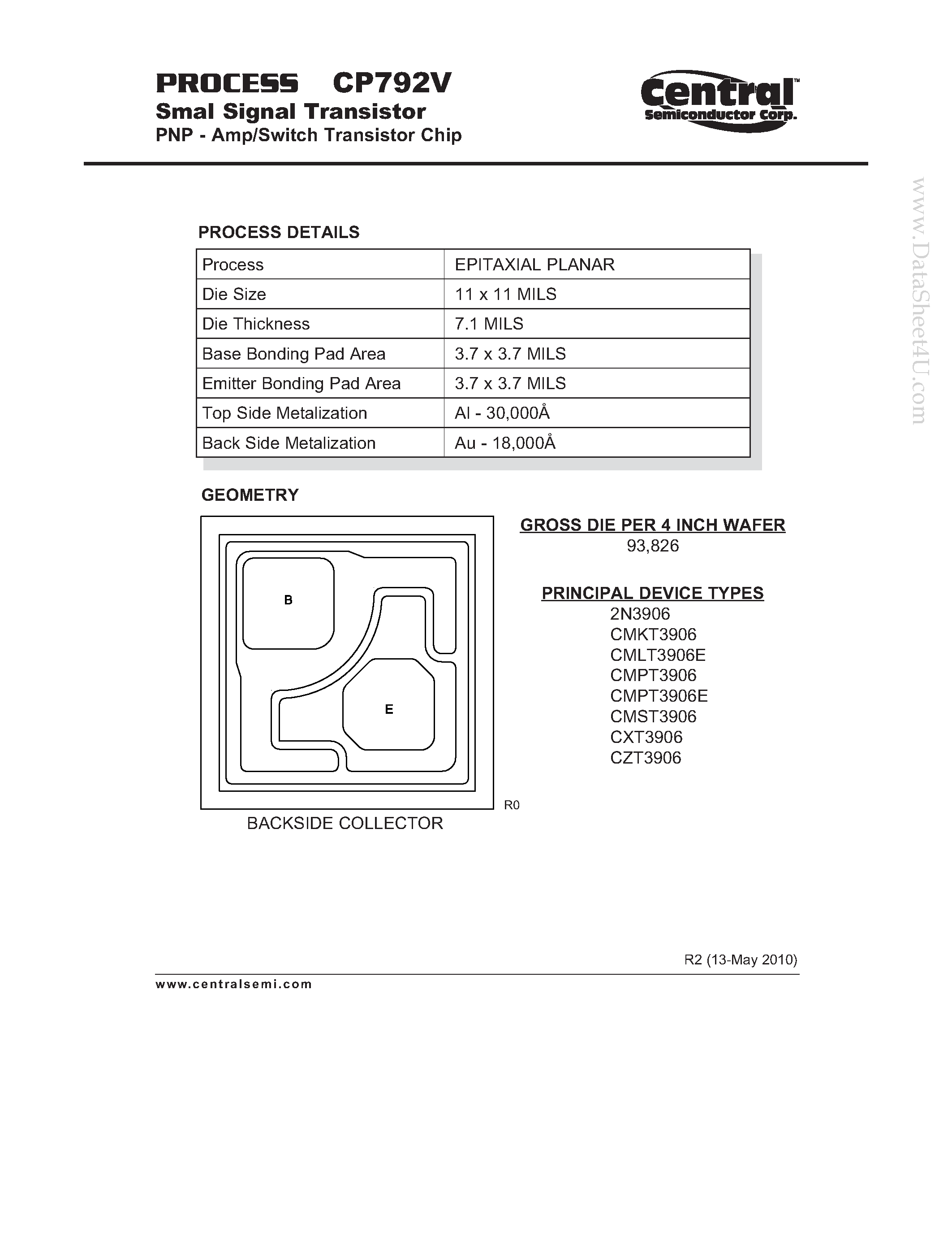 Даташит CP792V - Smal Signal Transistor PNP - Amp/Switch Transistor Chip страница 1