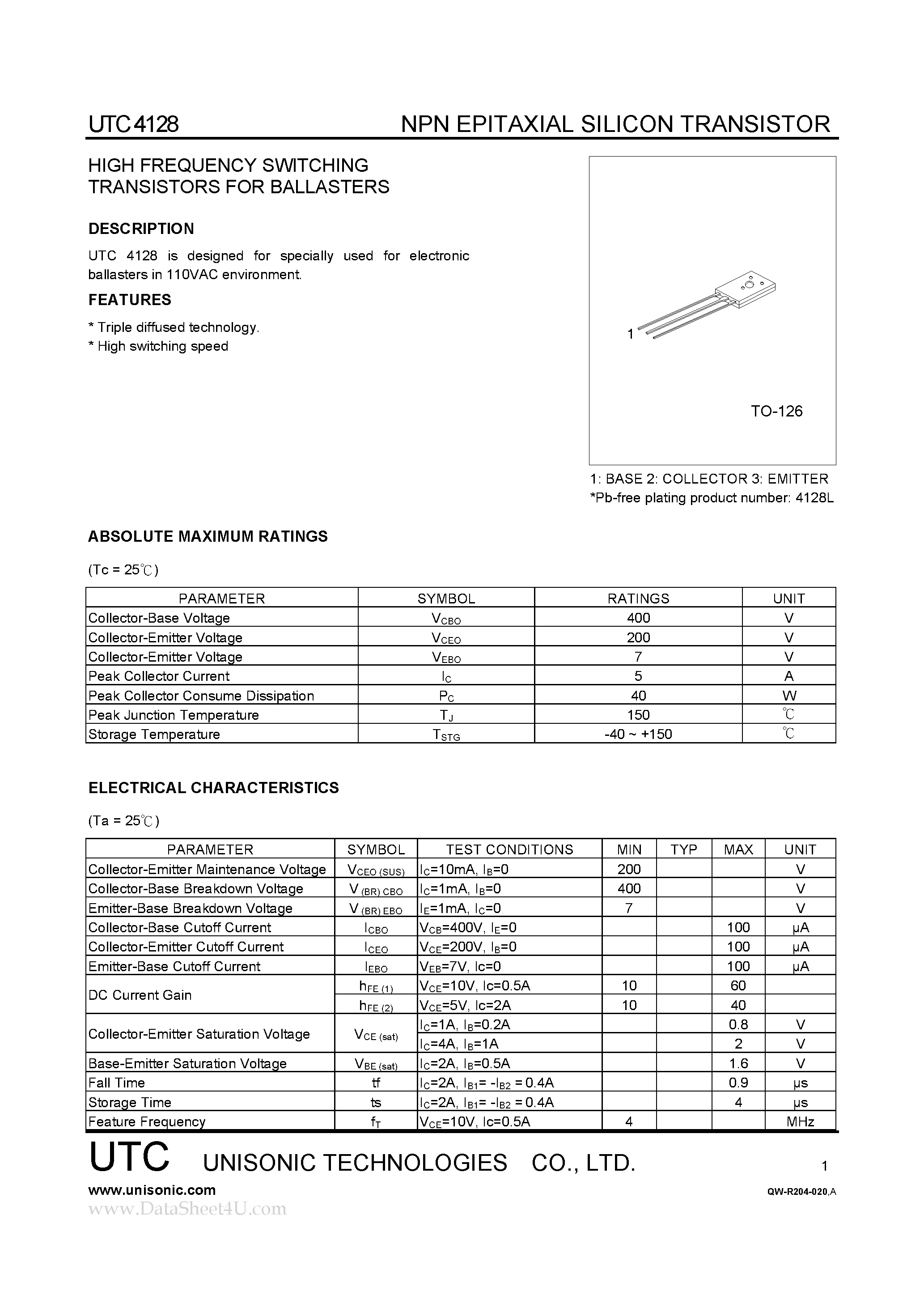 Даташит UTC4128 - HIGH FREQUENCY SWITCHING TRANSISTORS FOR BALLASTERS страница 1