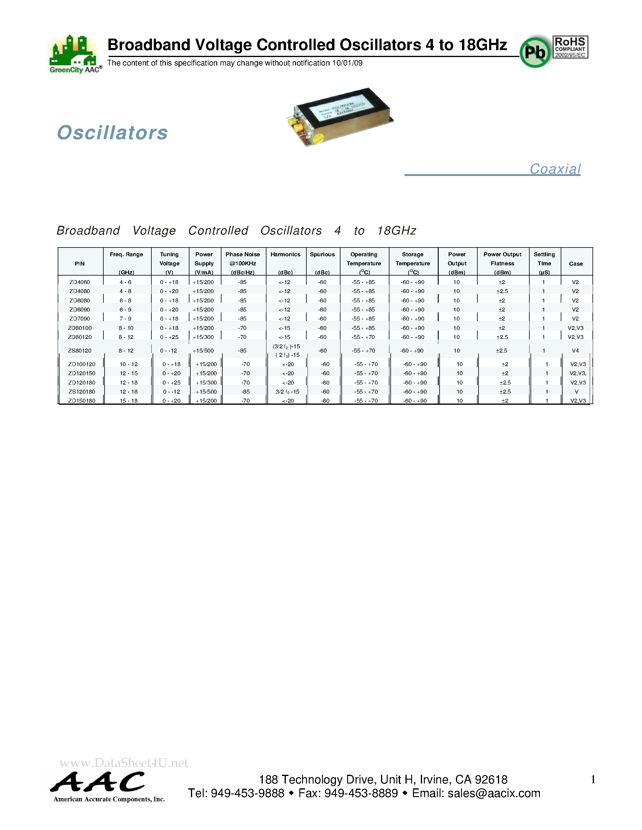 Datasheet ZD7090 - Broadband Voltage Controlled Oscillators 4 to 18GHz page 1