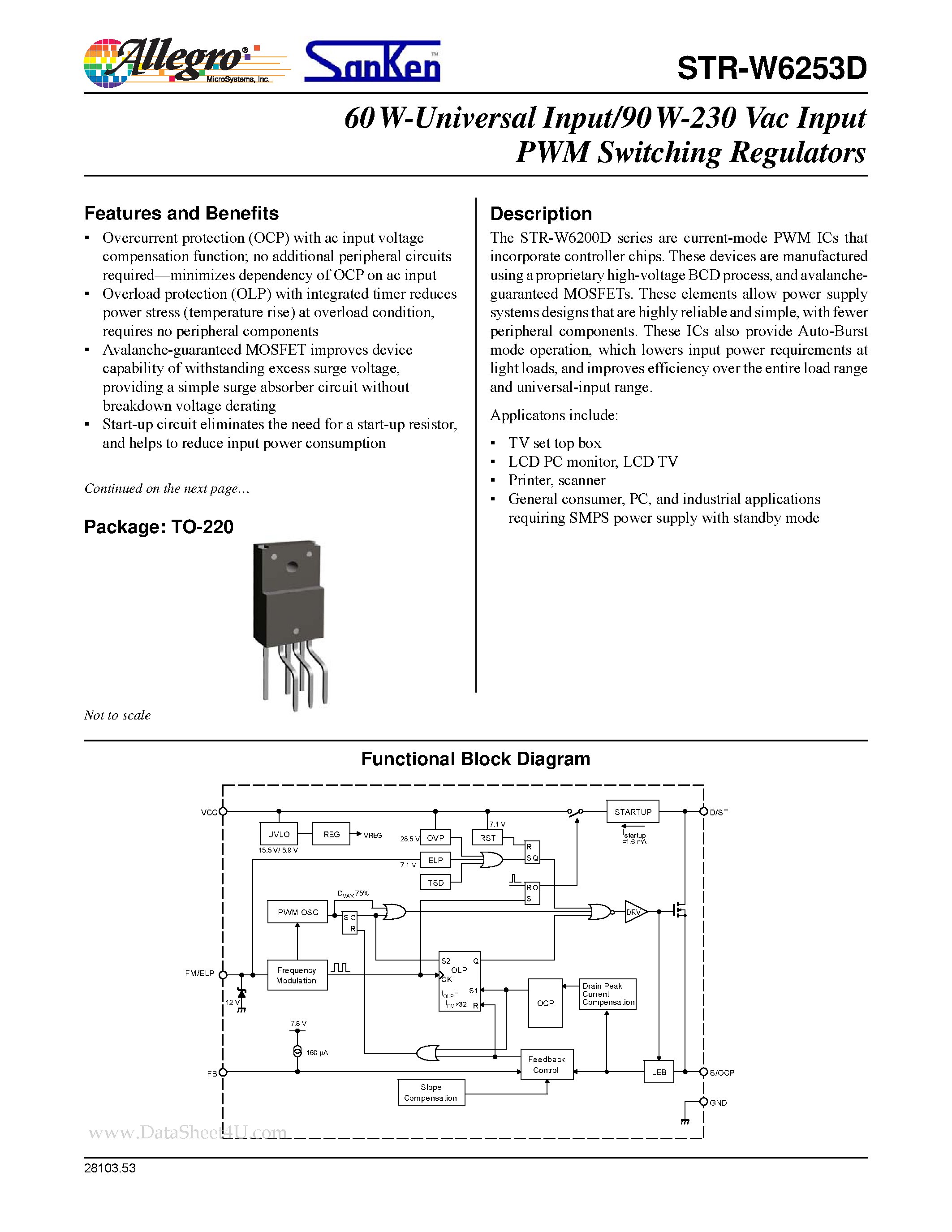 Даташит STR-W6253D - 60 W-Universal Input/90 W-230 Vac Input PWM Switching Regulators страница 1