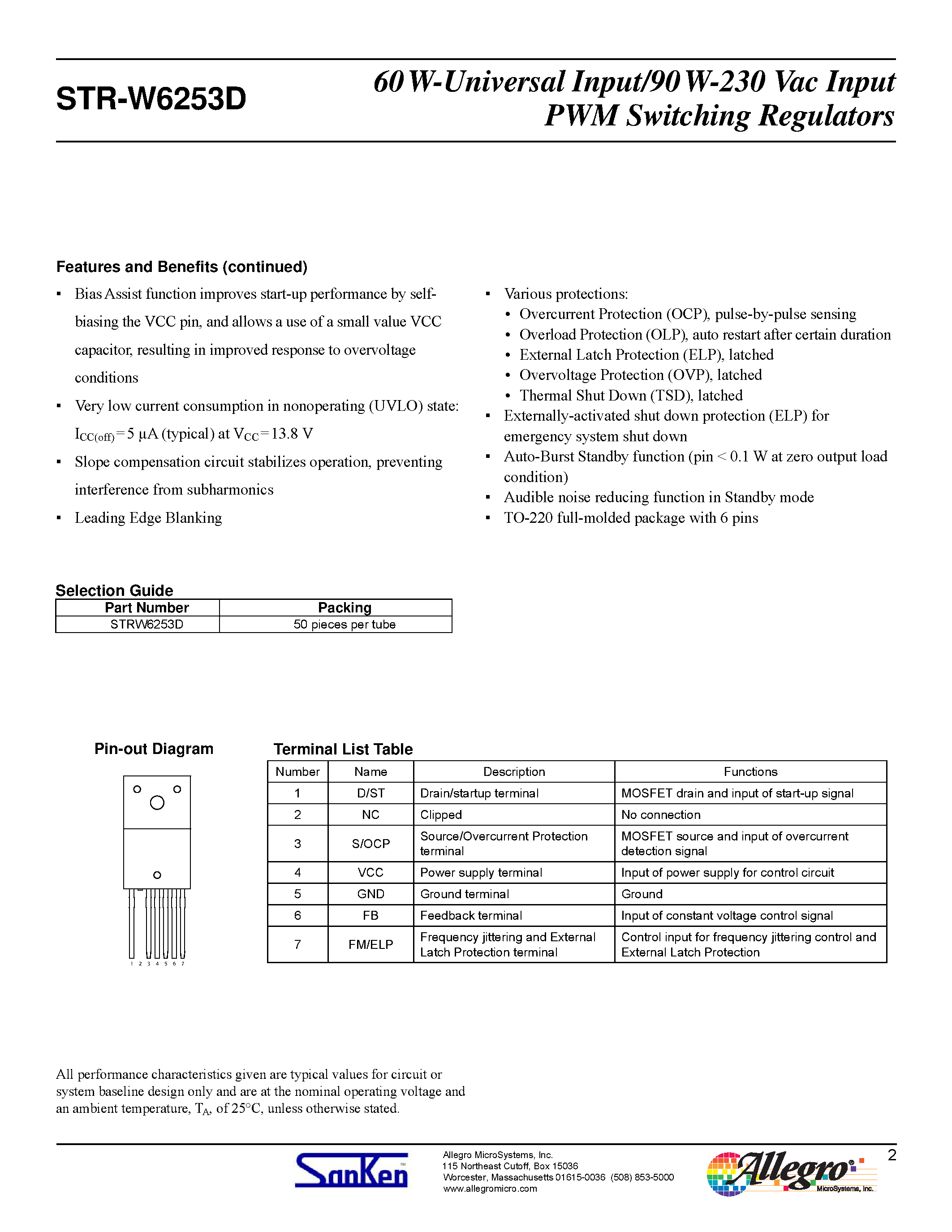 Даташит STR-W6253D - 60 W-Universal Input/90 W-230 Vac Input PWM Switching Regulators страница 2