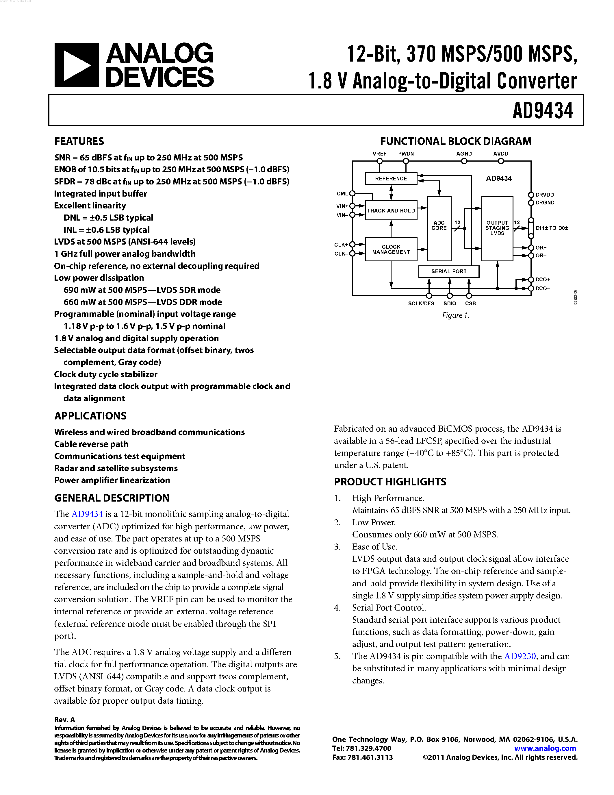 Datasheet AD9434 - 1.8 V Analog-to-Digital Converter page 1