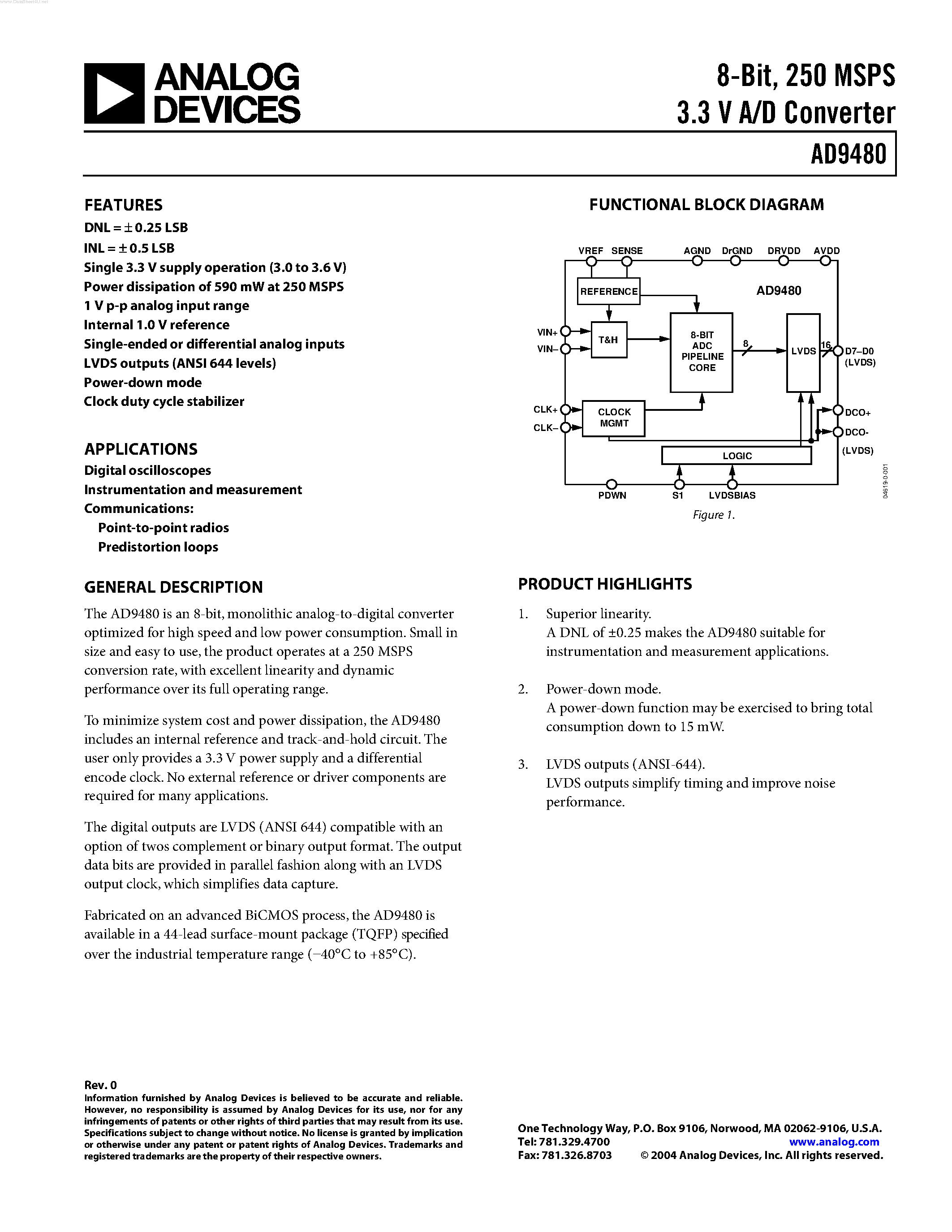 Datasheet AD9480 - 250 MSPS 3.3 V A/D Converter page 1