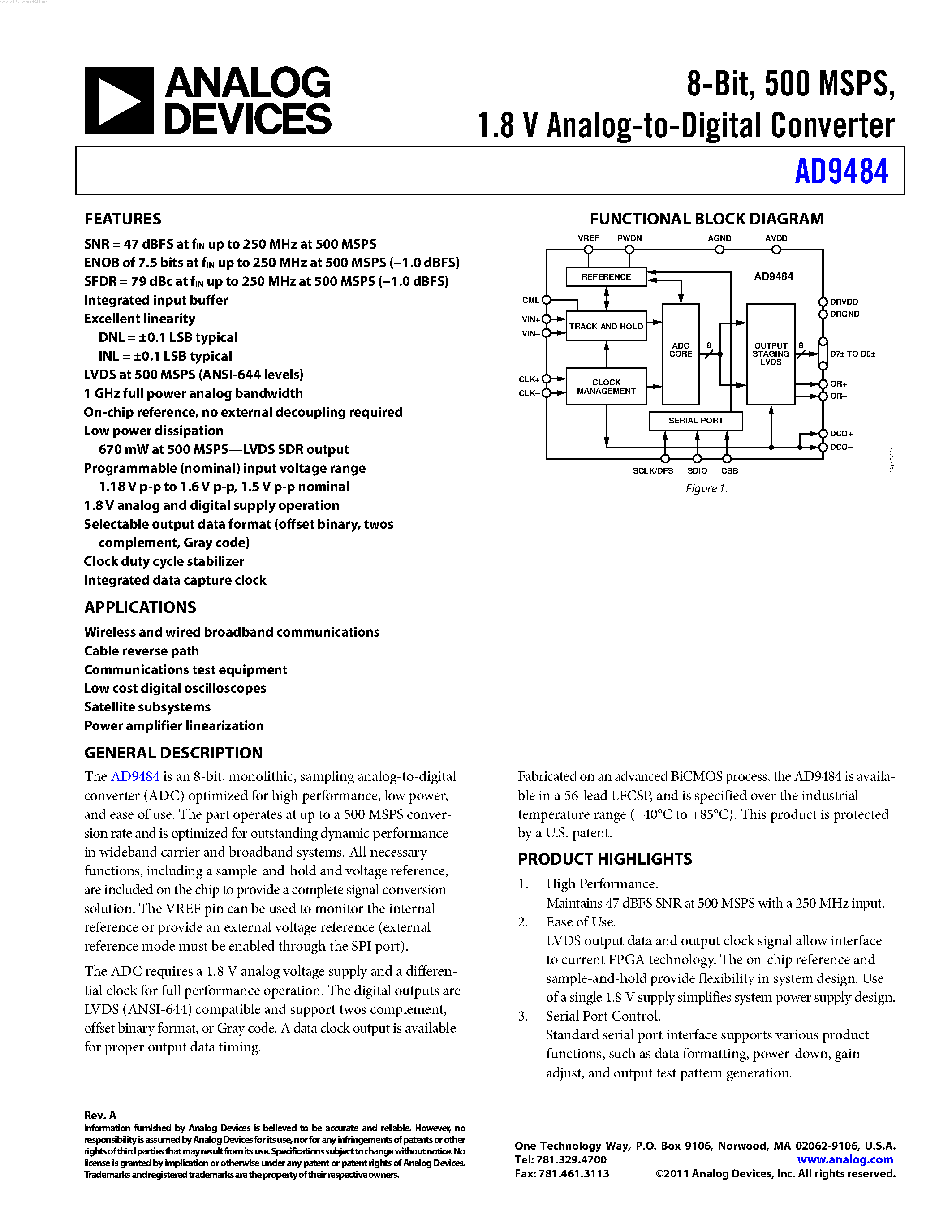 Datasheet AD9484 - 1.8 V Analog-to-Digital Converter page 1