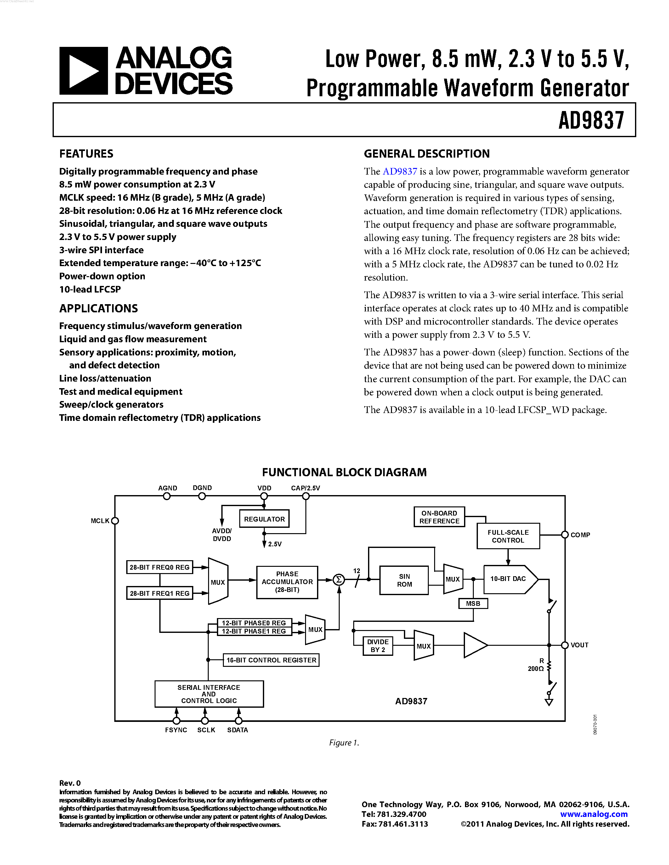 Datasheet AD9837 - Programmable Waveform Generator page 1