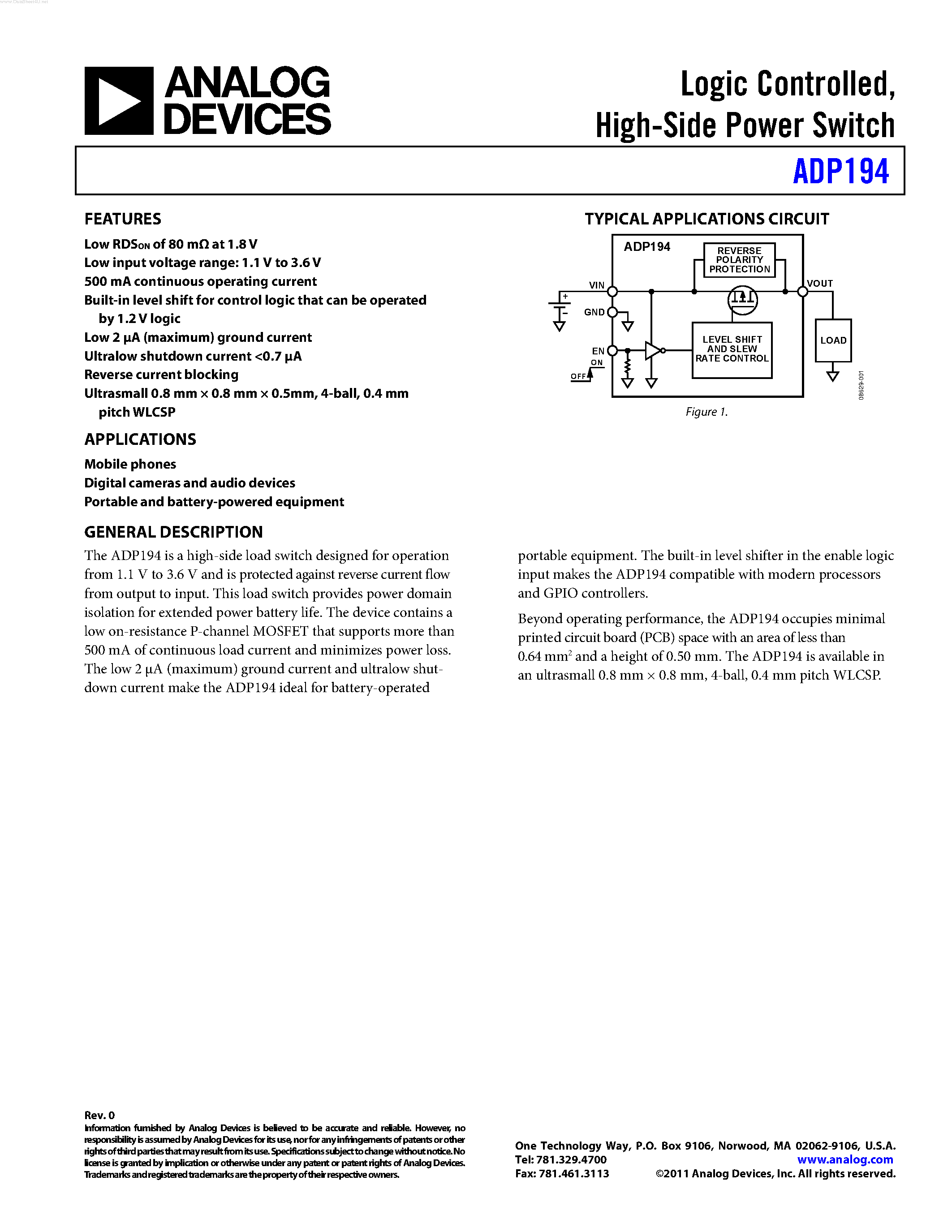 Даташит ADP194 - High-Side Power Switch страница 1