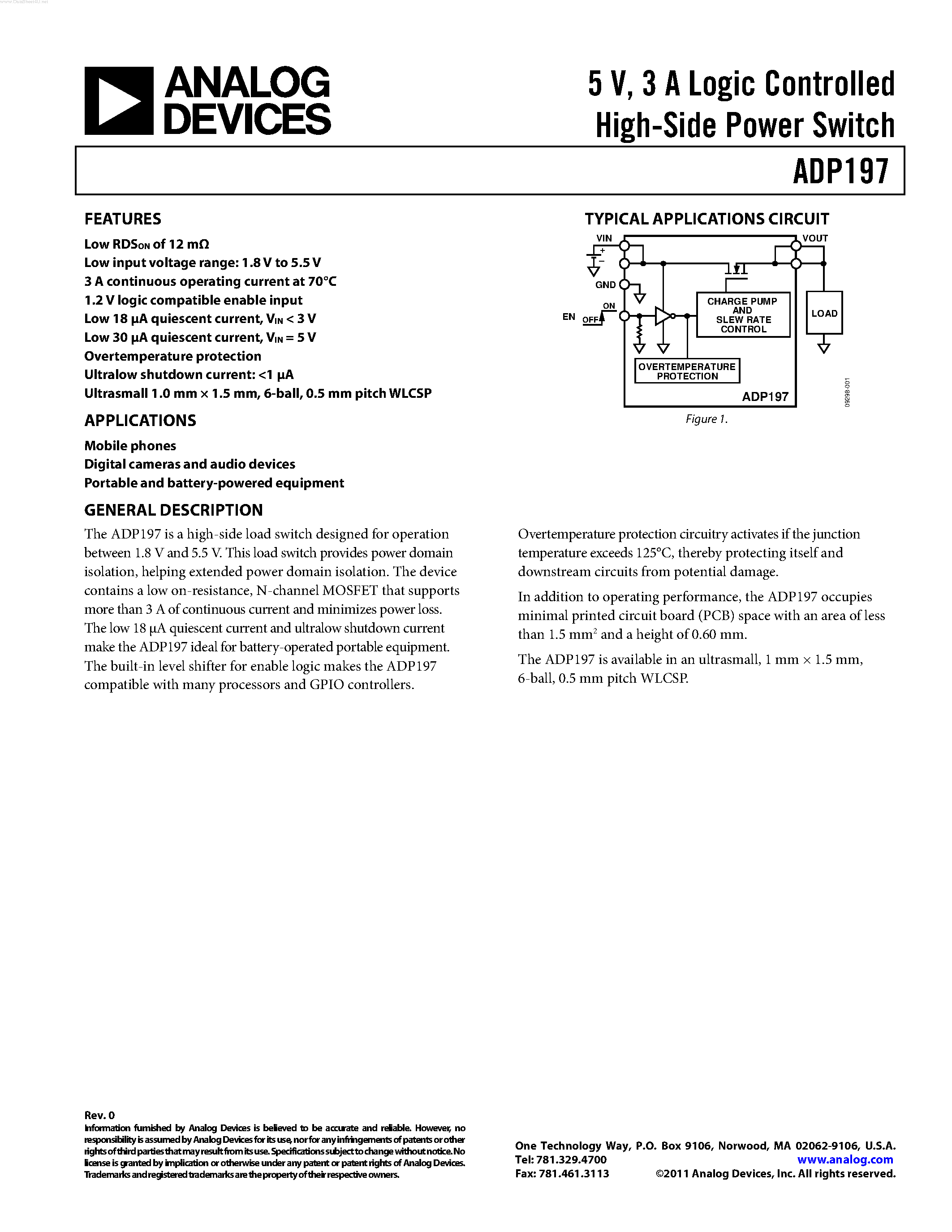 Даташит ADP197 - 3A Logic Controlled High-Side Power Switch Mobile phones страница 1