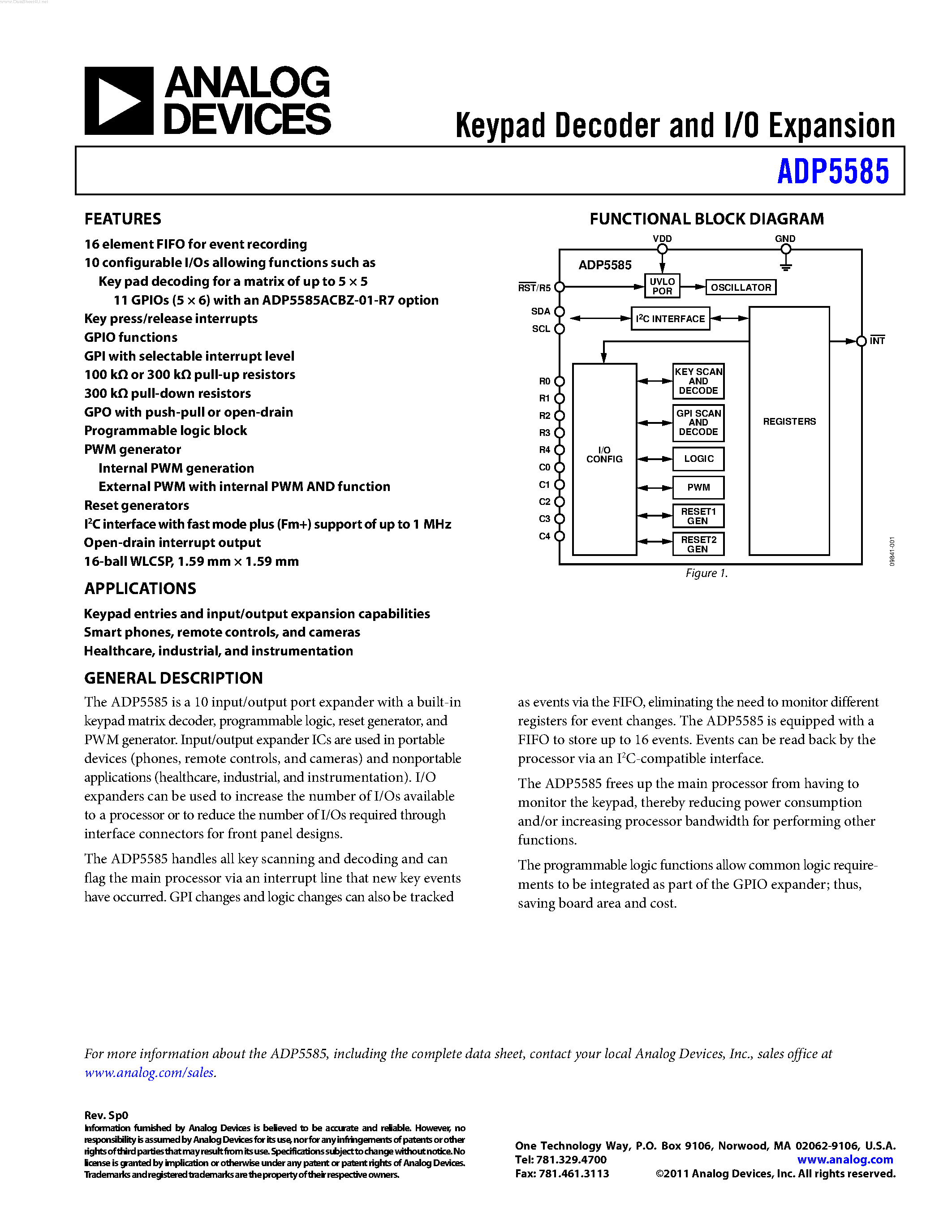 Datasheet ADP5585 - Keypad Decoder and I/O Expansion page 1