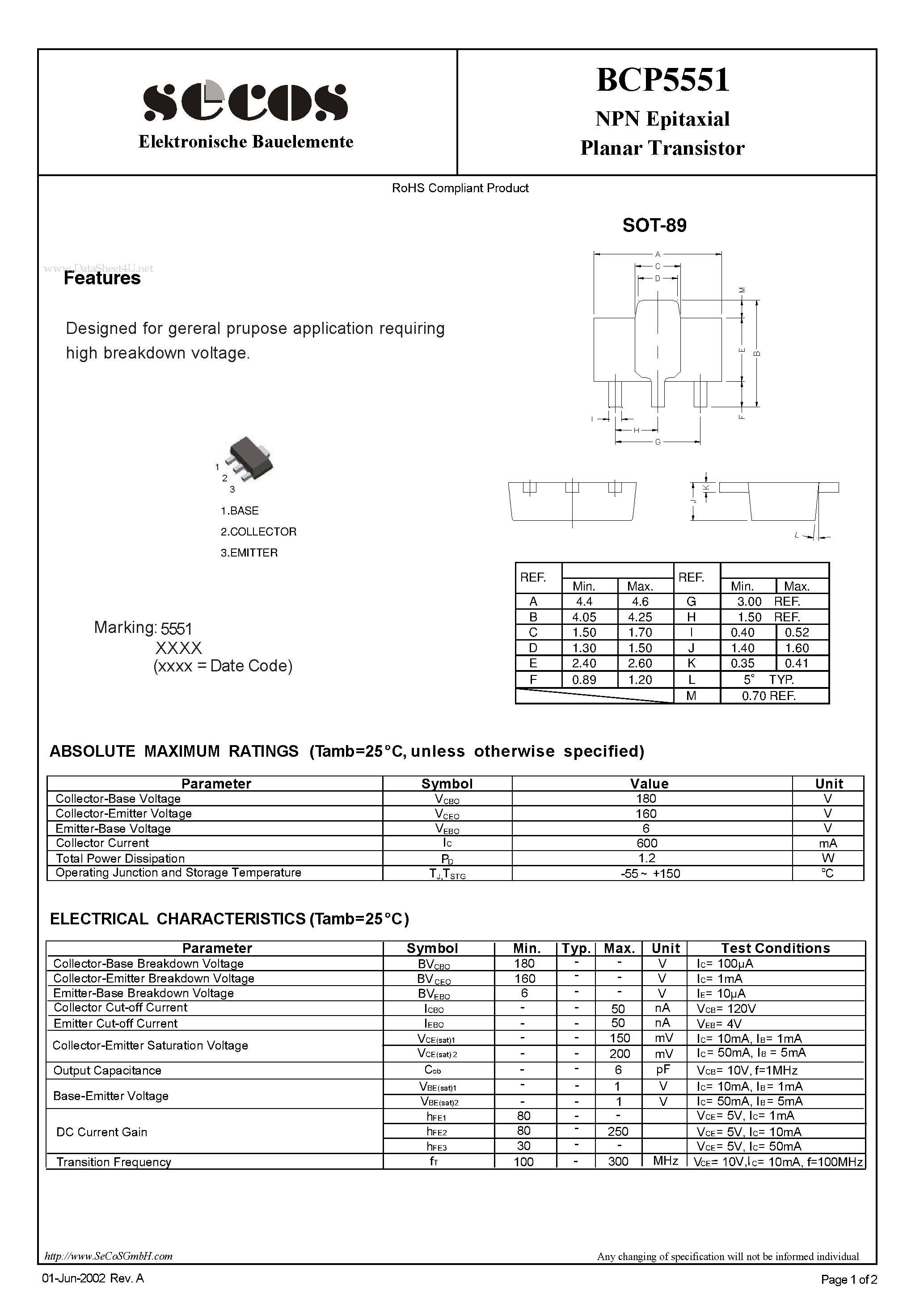 Datasheet BCP5551 - Planar Transistor page 1