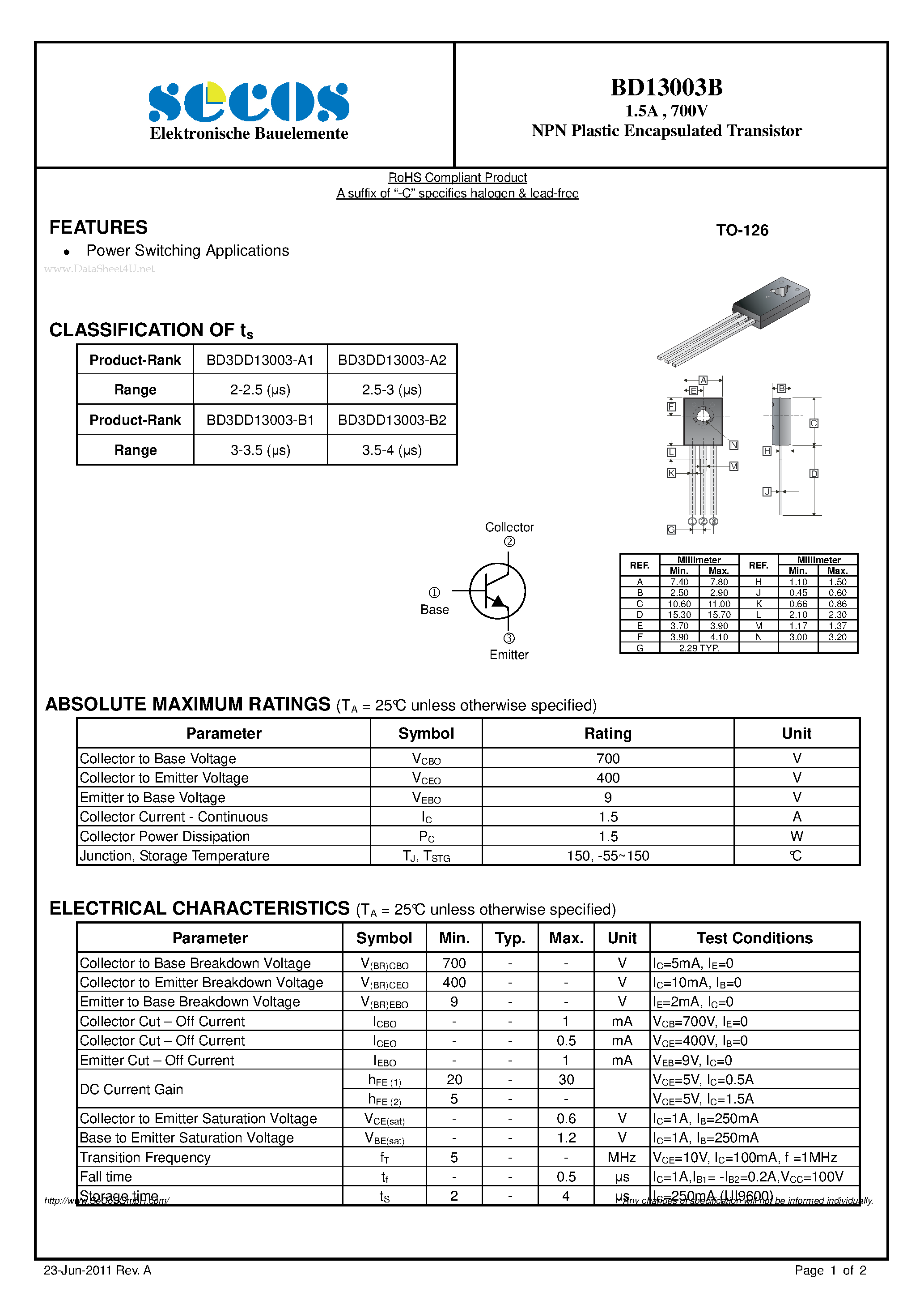 Datasheet BD13003B - NPN Plastic Encapsulated Transistor page 1