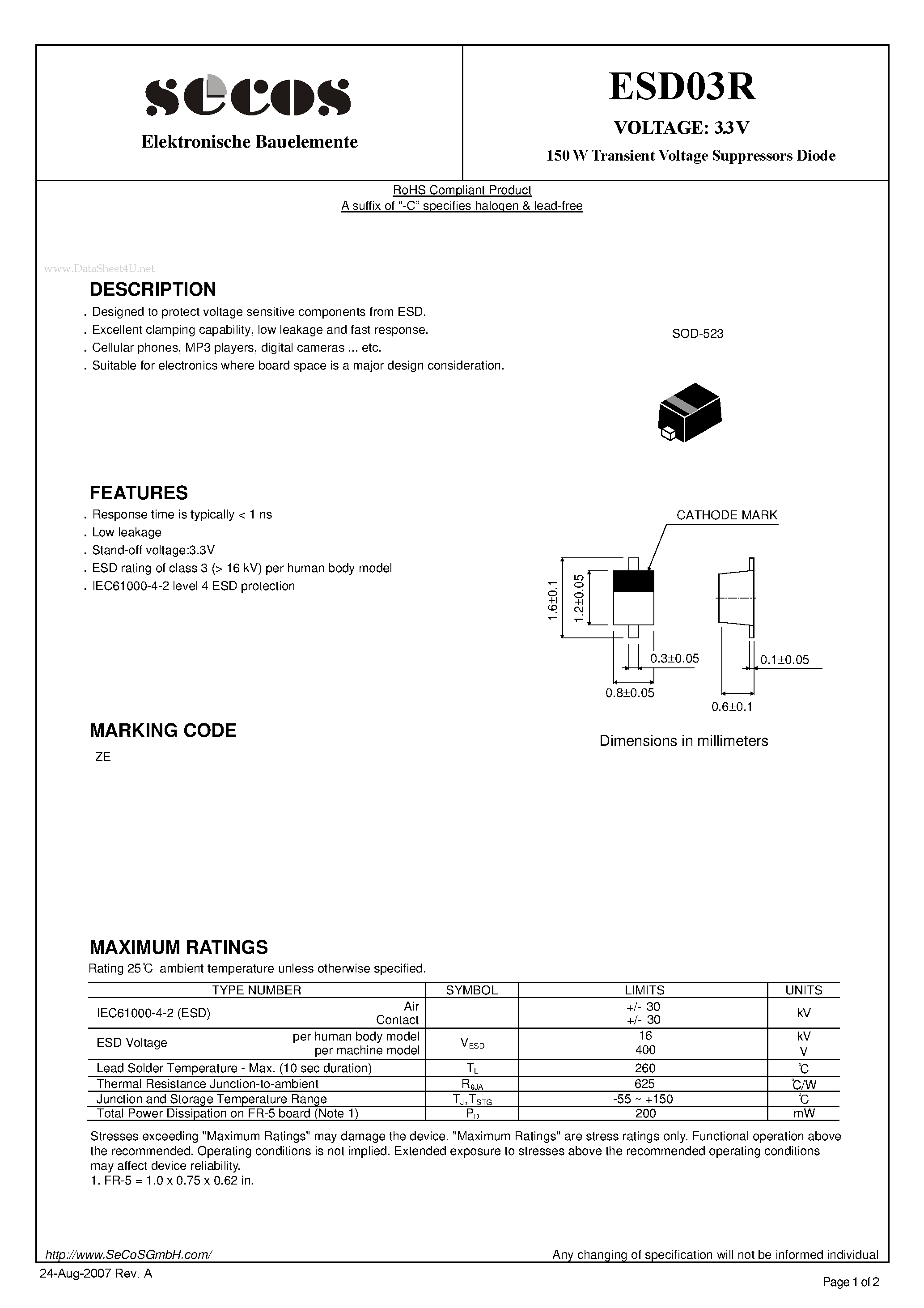 Даташит ESD03R - 150 W Transient Voltage Suppressors Diode страница 1