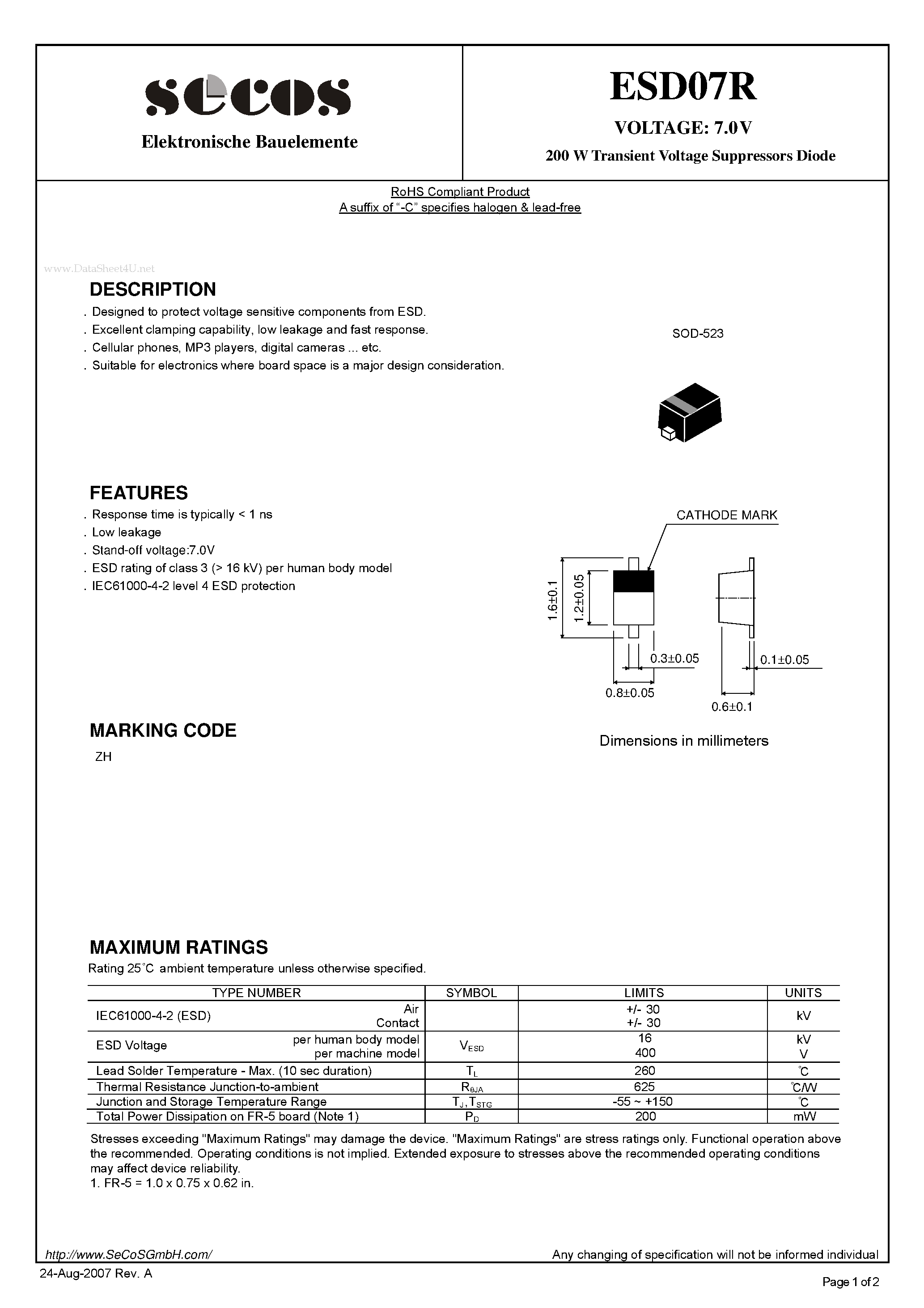 Даташит ESD07R - 200 W Transient Voltage Suppressors Diode страница 1