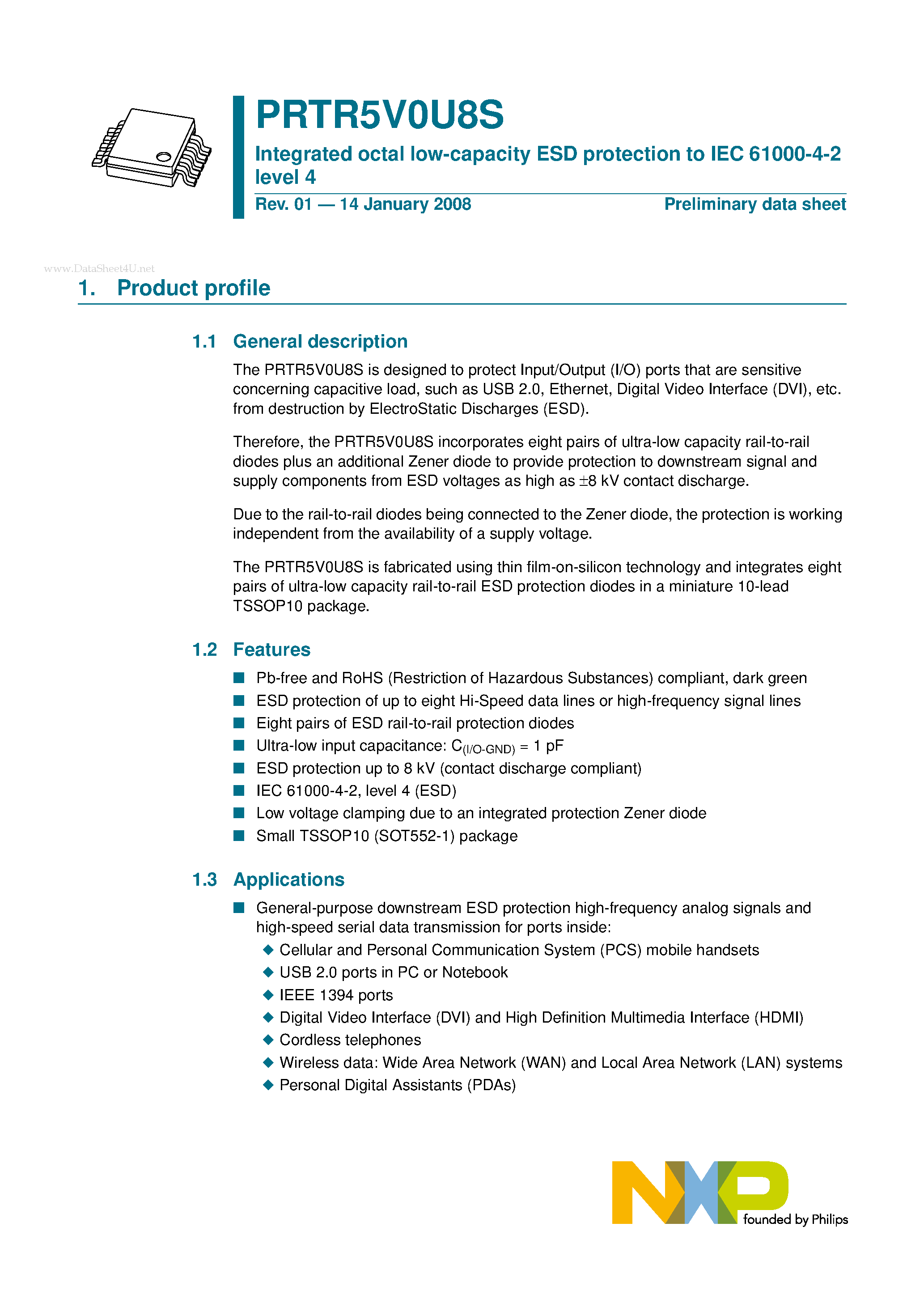 Даташит PRTR5V0U8S - Integrated octal low-capacity ESD protection to IEC 61000-4-2 level 4 страница 1