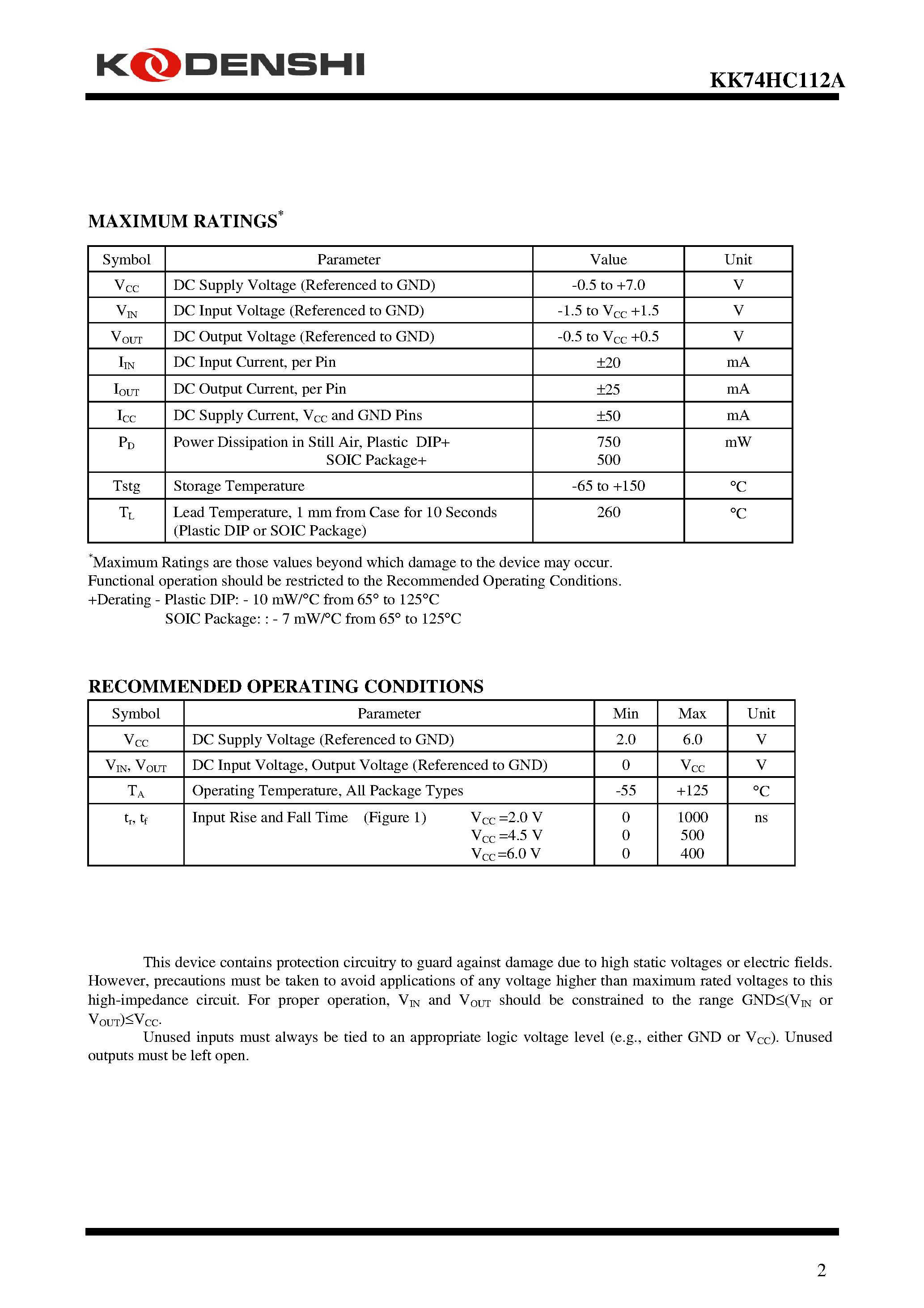 Datasheet KK74HC112A - Dual J-K Flip-Flop page 2