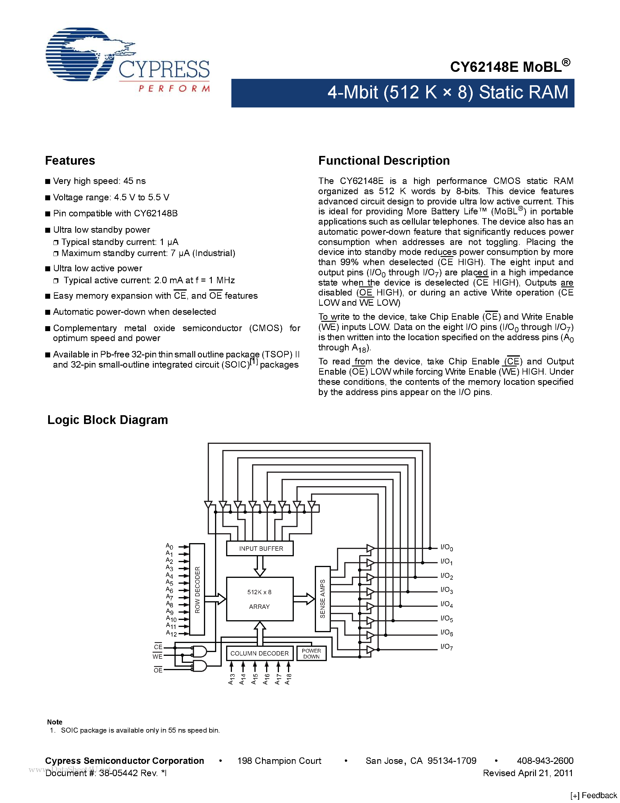 Даташит CY62148E - 4-Mbit (512 K x 8) Static RAM страница 1