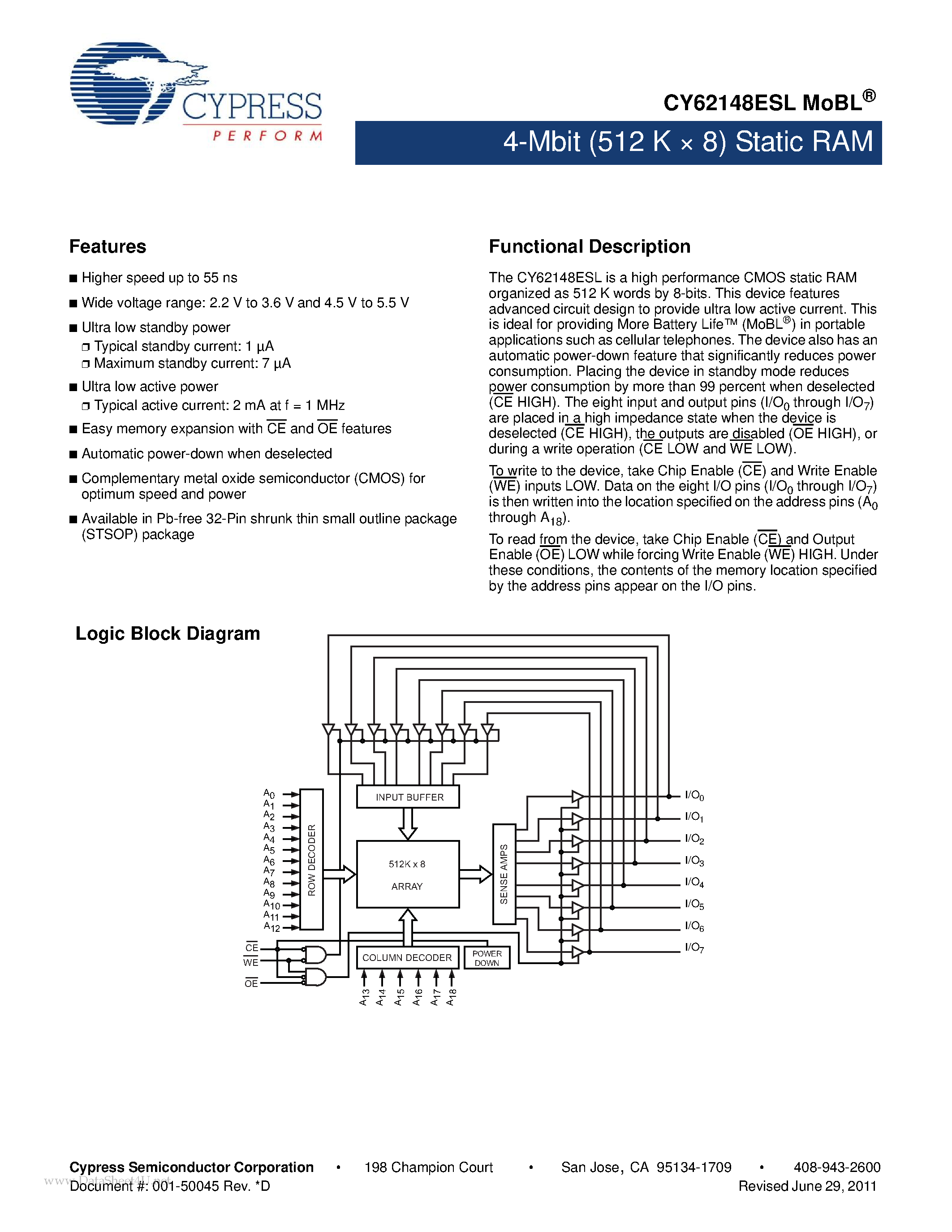Даташит CY62148ESL - 4-Mbit (512 K x 8) Static RAM страница 1