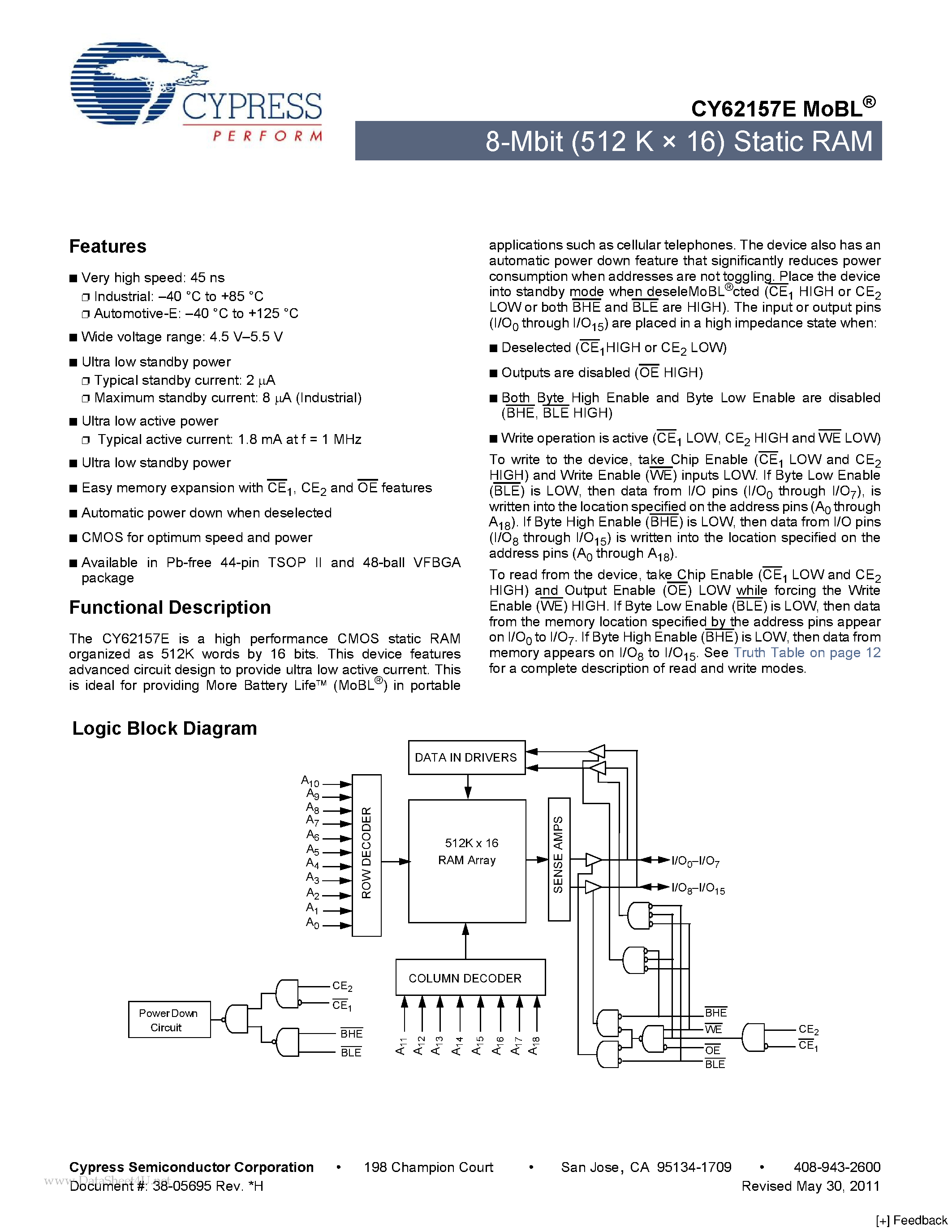 Даташит CY62157E - 8-Mbit (512 K x 16) Static RAM страница 1