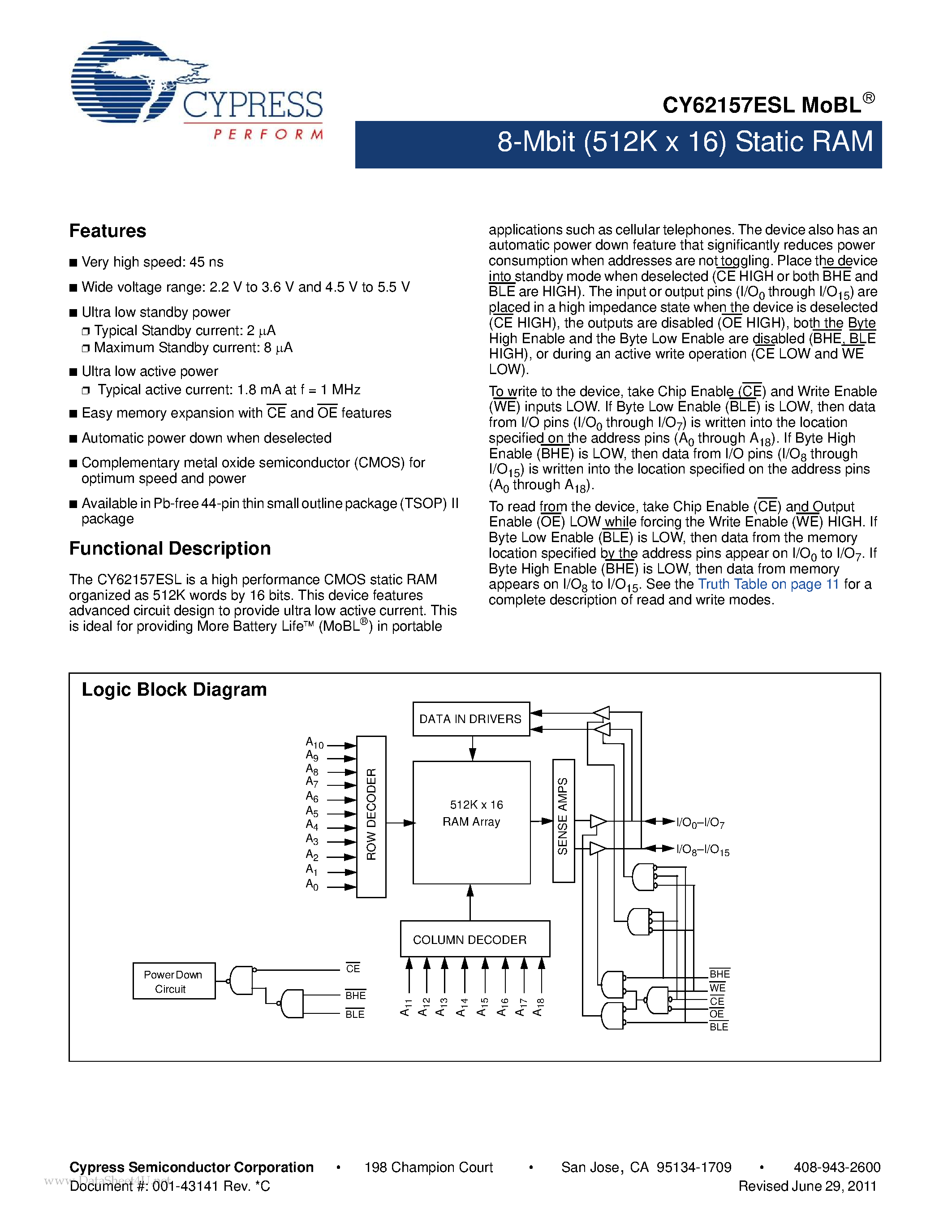 Даташит CY62157ESL - 8-Mbit (512 K x 16) Static RAM страница 1