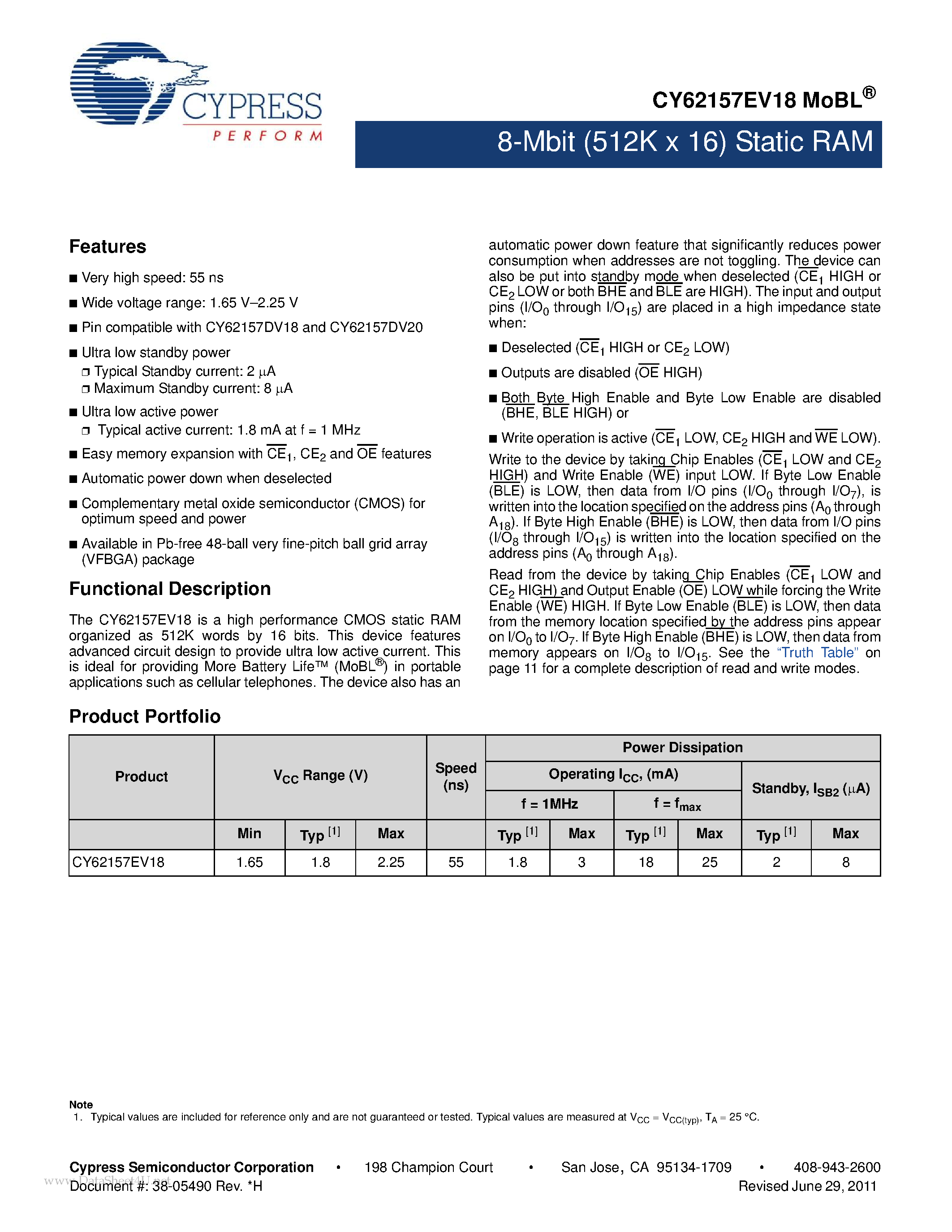 Даташит CY62157EV18 - 8-Mbit (512 K x 16) Static RAM страница 1