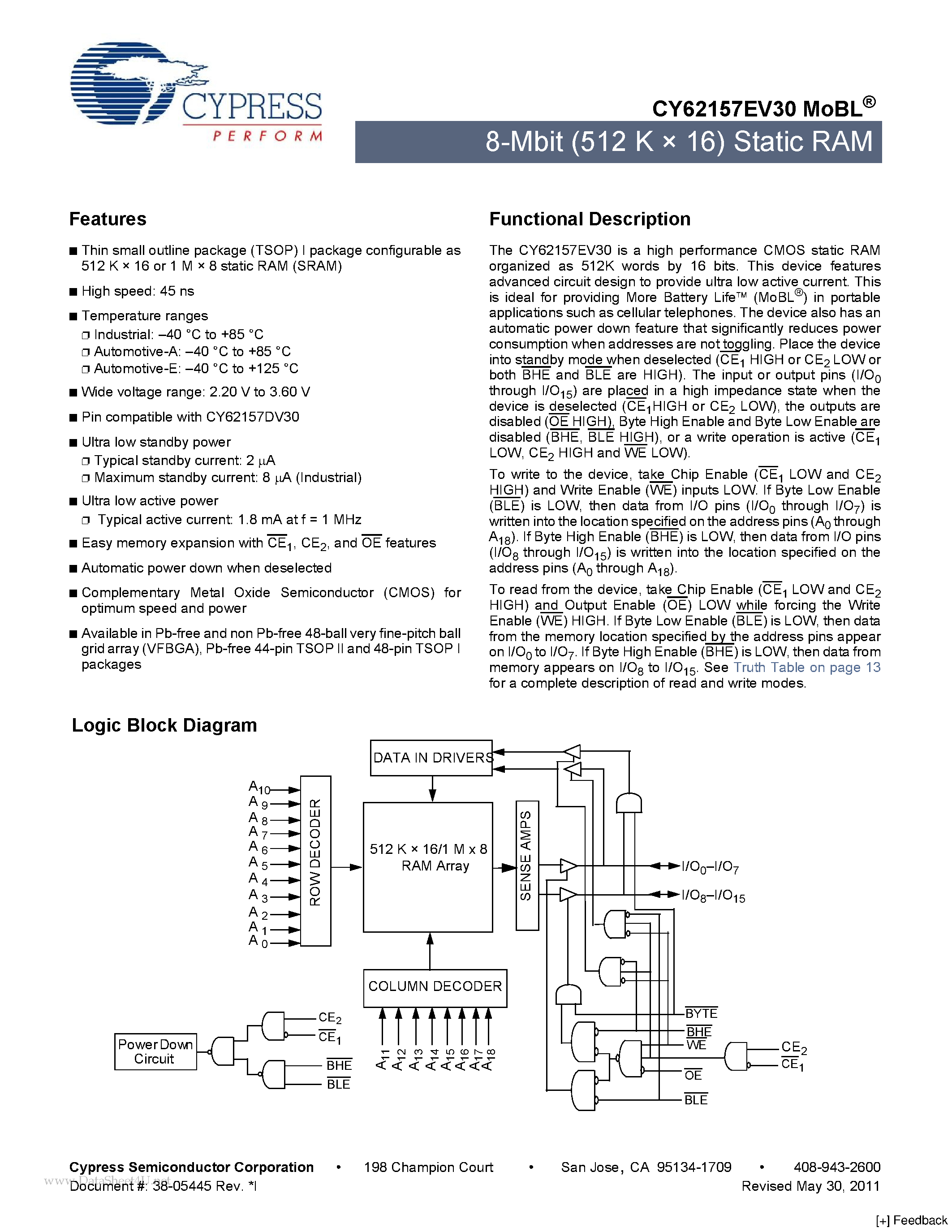 Даташит CY62157EV30 - 8-Mbit (512 K x 16) Static RAM страница 1