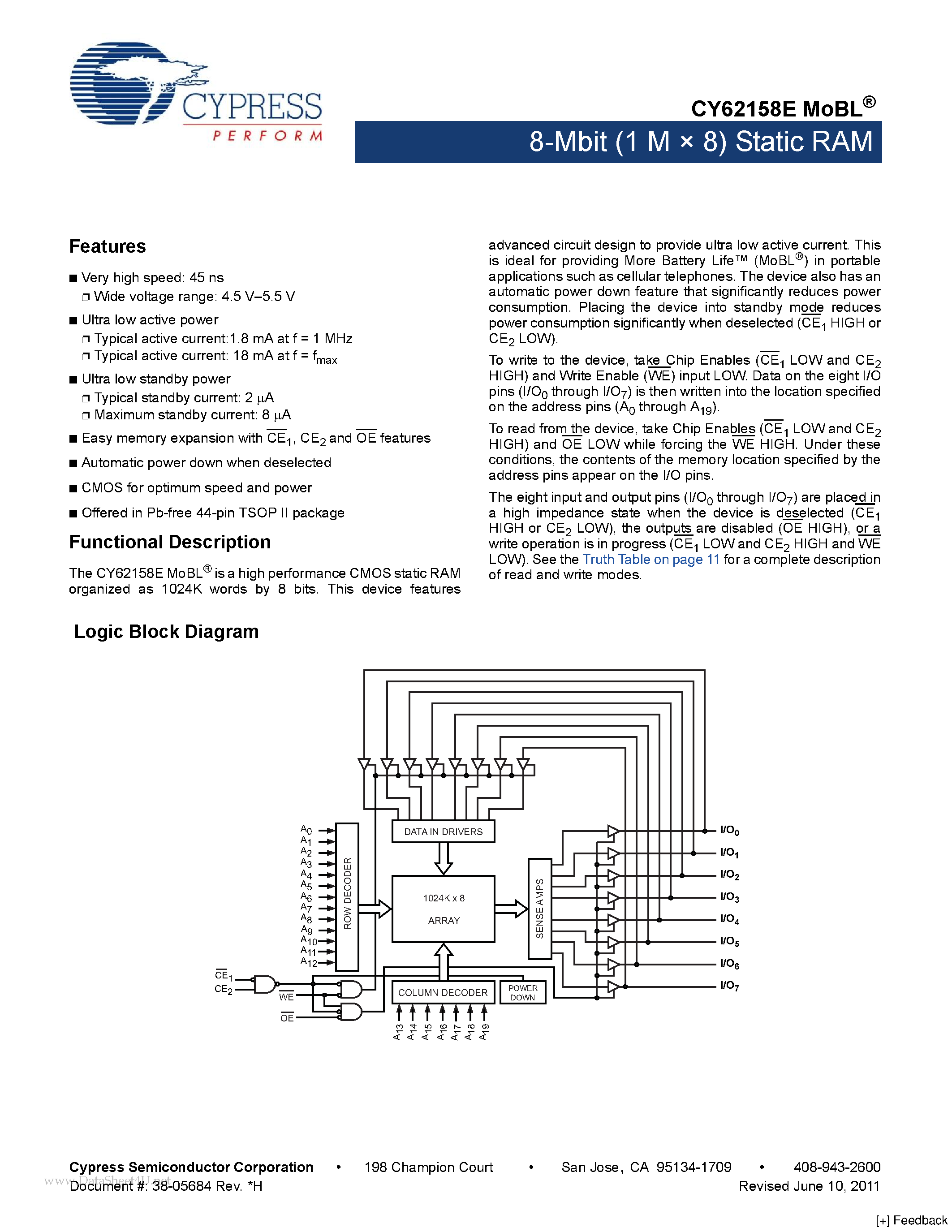 Datasheet CY62158EV30 - 8-Mbit (1 M x 8) Static RAM page 1