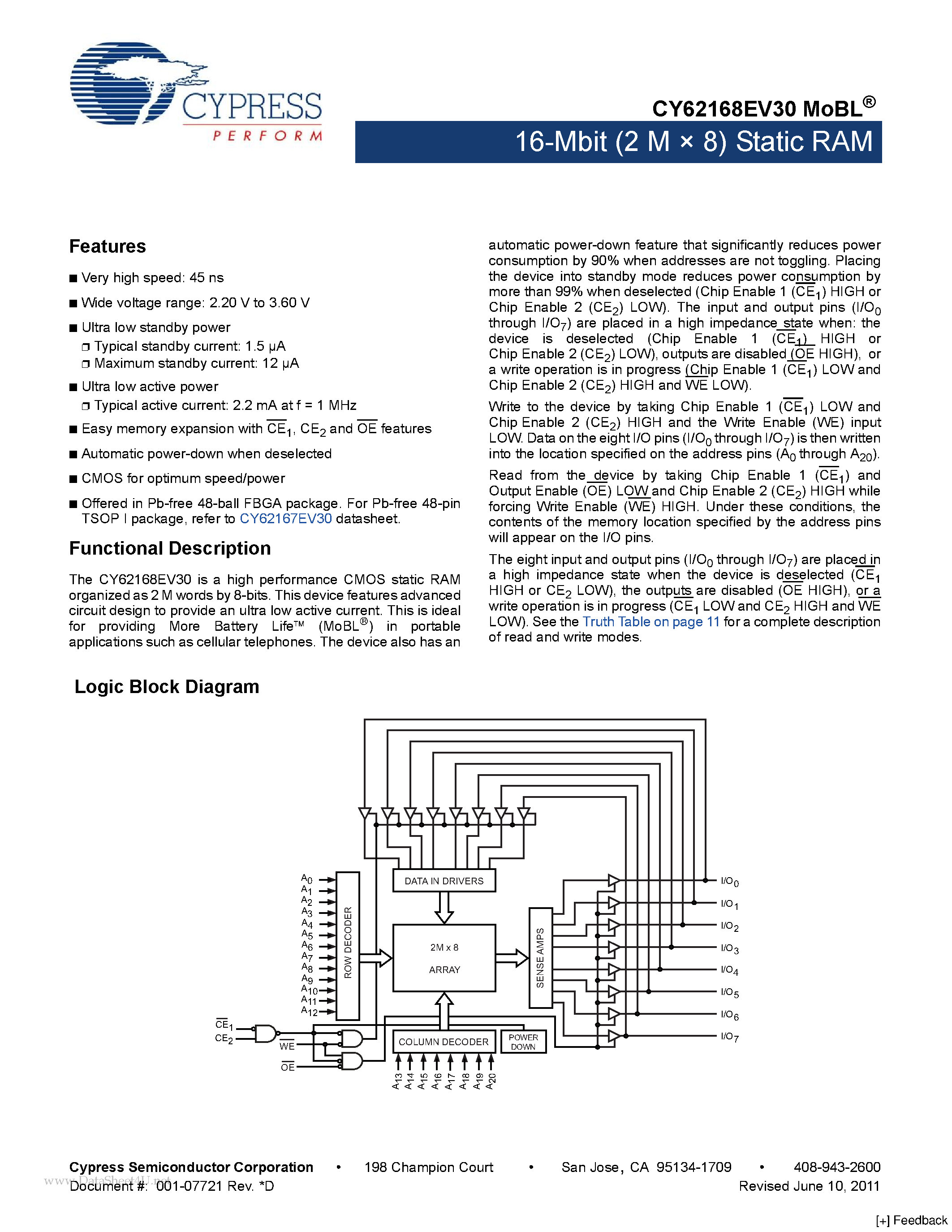 Datasheet CY62168EV30 - 16-Mbit (2 M x 8) Static RAM page 1