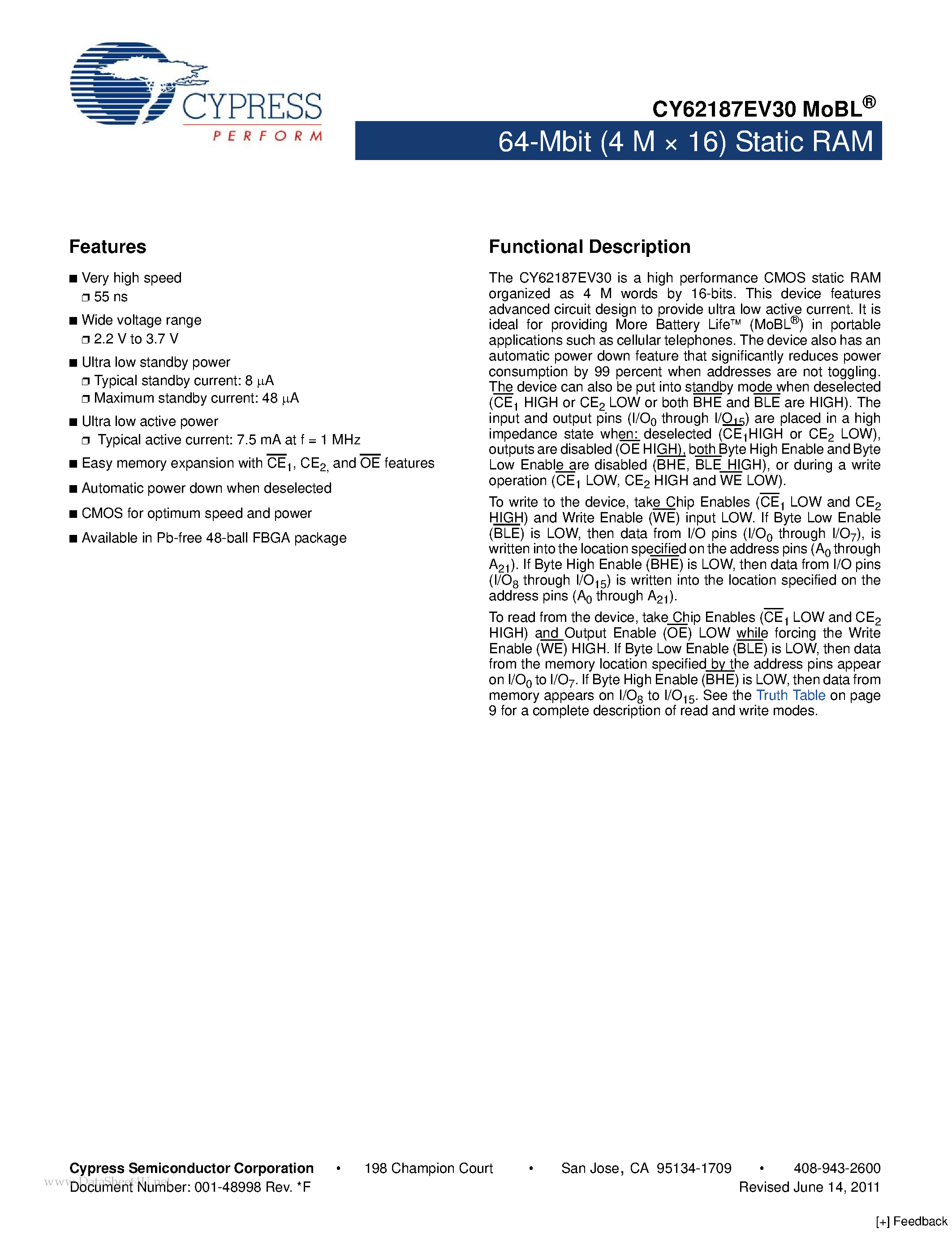 Datasheet CY62187EV30 - 64-Mbit (4 M x 16) Static RAM page 1