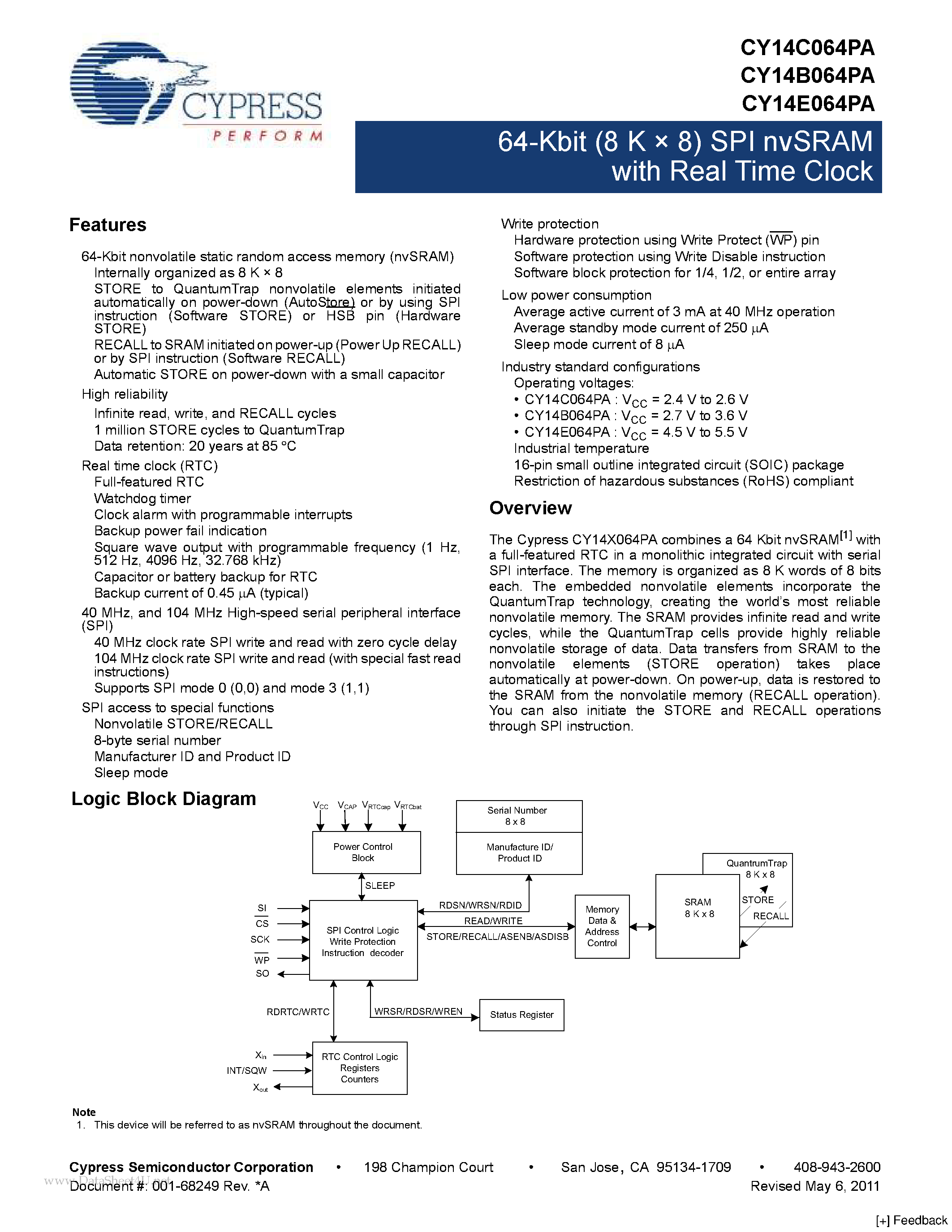 Даташит CY14B064PA - 64-Kbit (8 K x 8) SPI nvSRAM страница 1