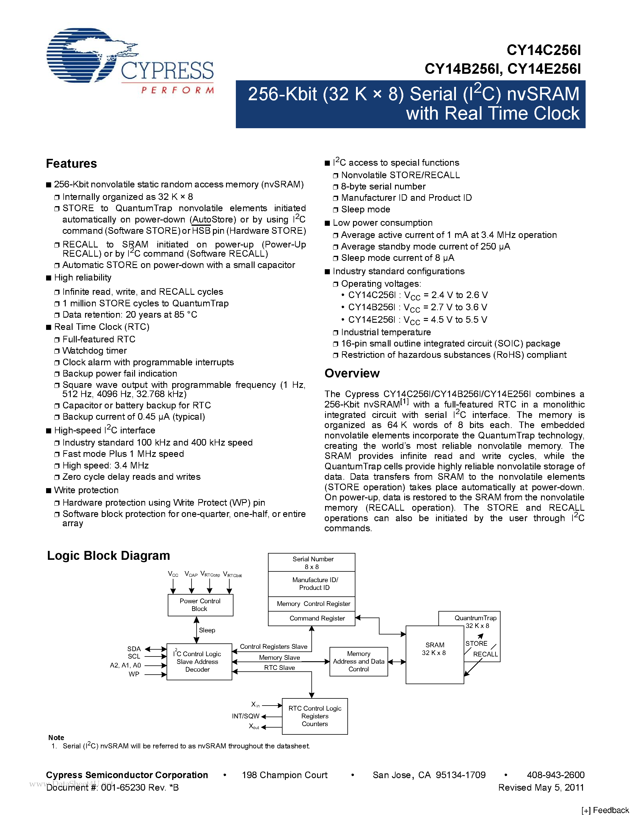 Даташит CY14B256I - 256-Kbit (32 K x 8) Serial (I2C) nvSRAM страница 1