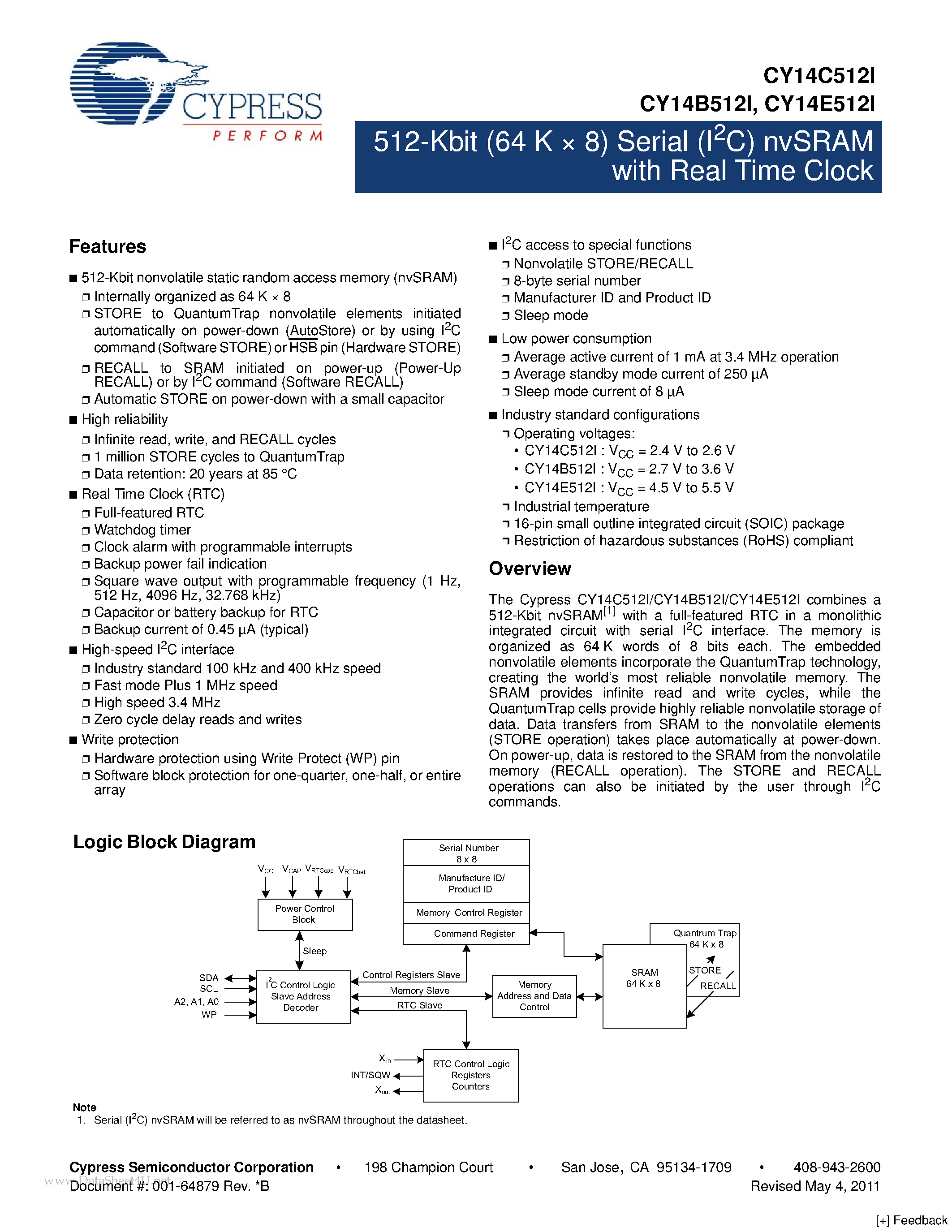 Даташит CY14B512I - 512-Kbit (64 K x 8) Serial (I2C) nvSRAM страница 1