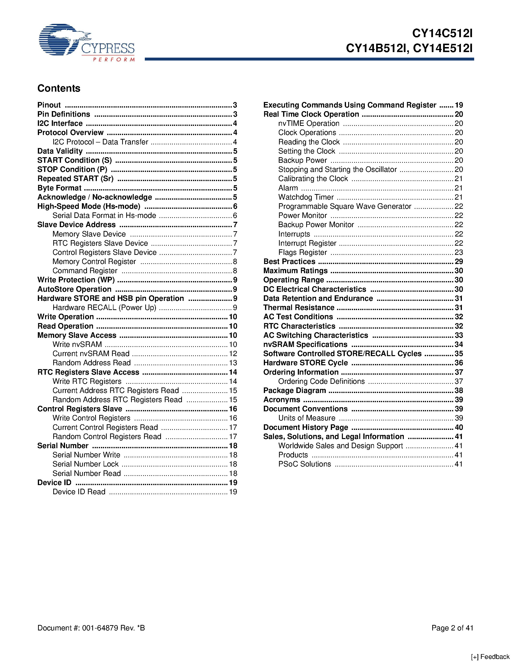 Даташит CY14B512I - 512-Kbit (64 K x 8) Serial (I2C) nvSRAM страница 2