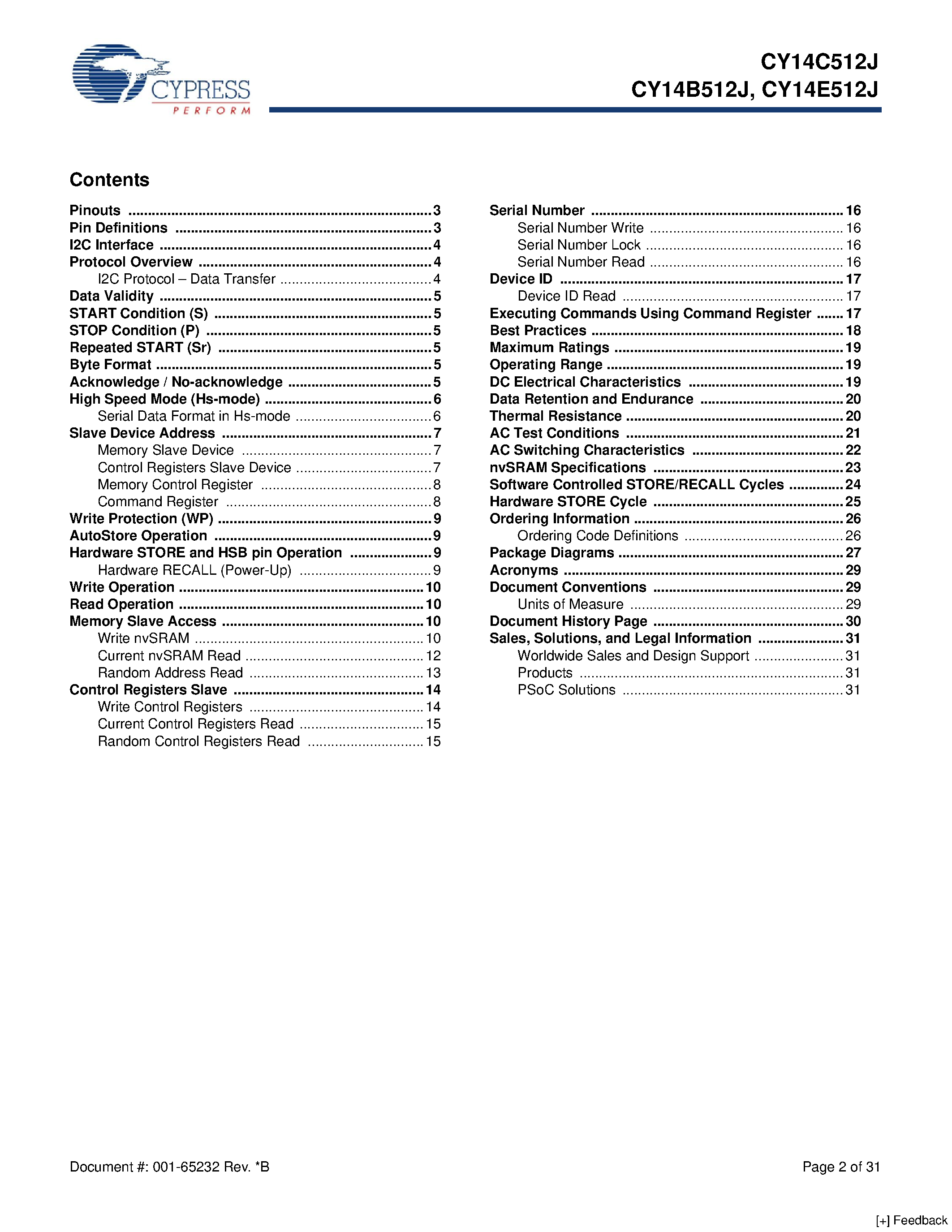 Даташит CY14B512J - 512-Kbit (64 K x 8) Serial (I2C) nvSRAM страница 2