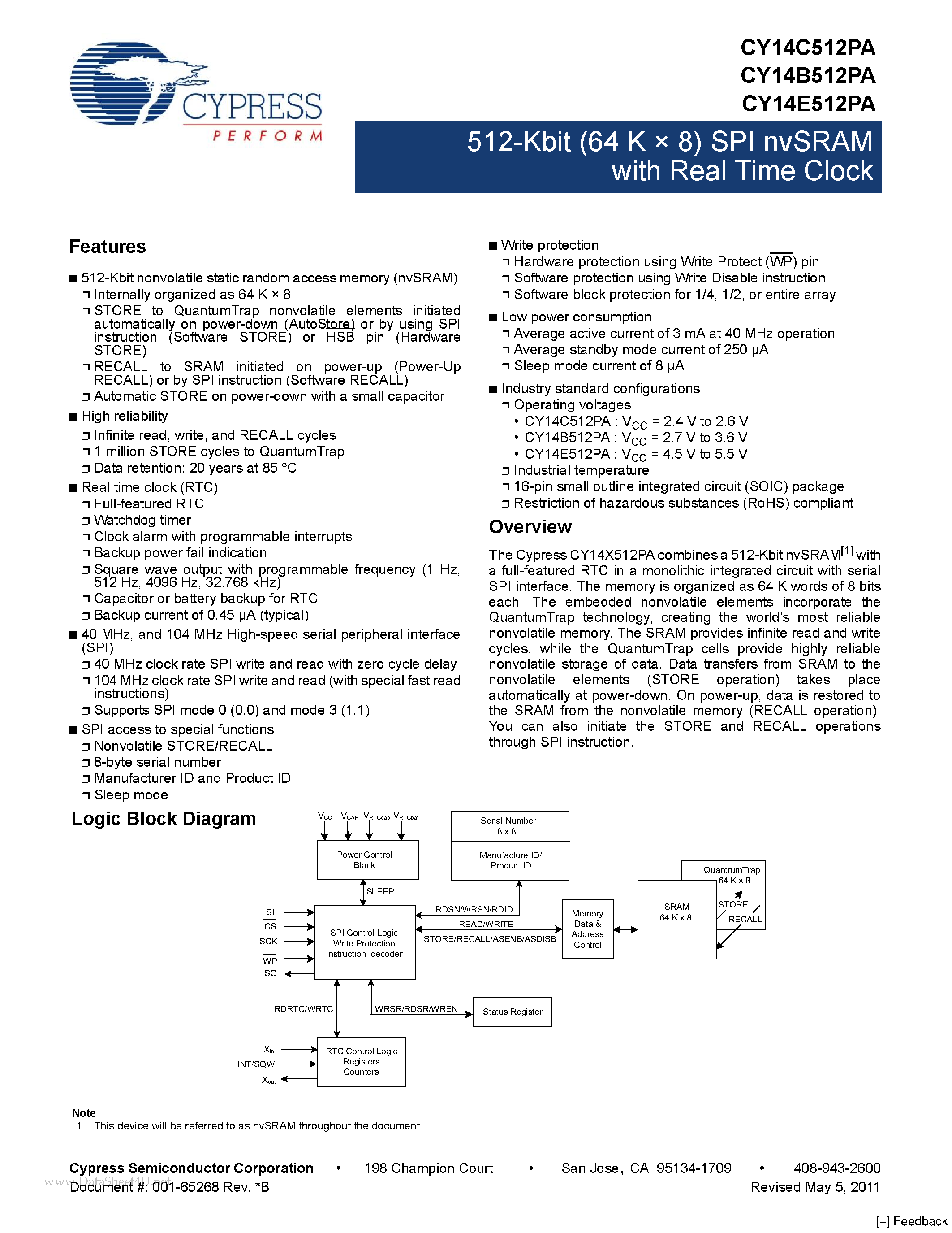 Даташит CY14B512PA - 512-Kbit (64 K x 8) SPI nvSRAM страница 1